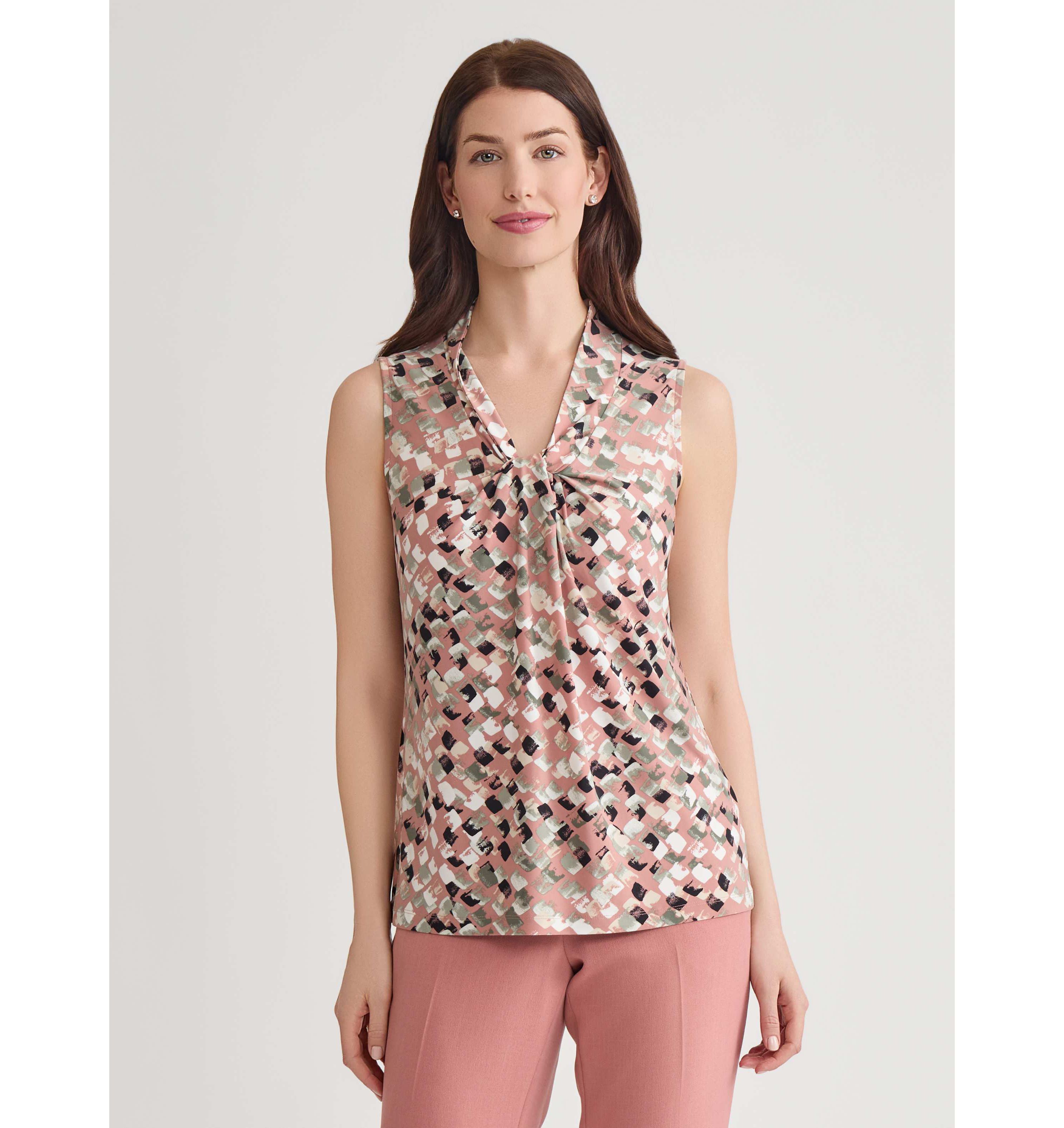 Block Print Sleeveless Knot Front Knit Top