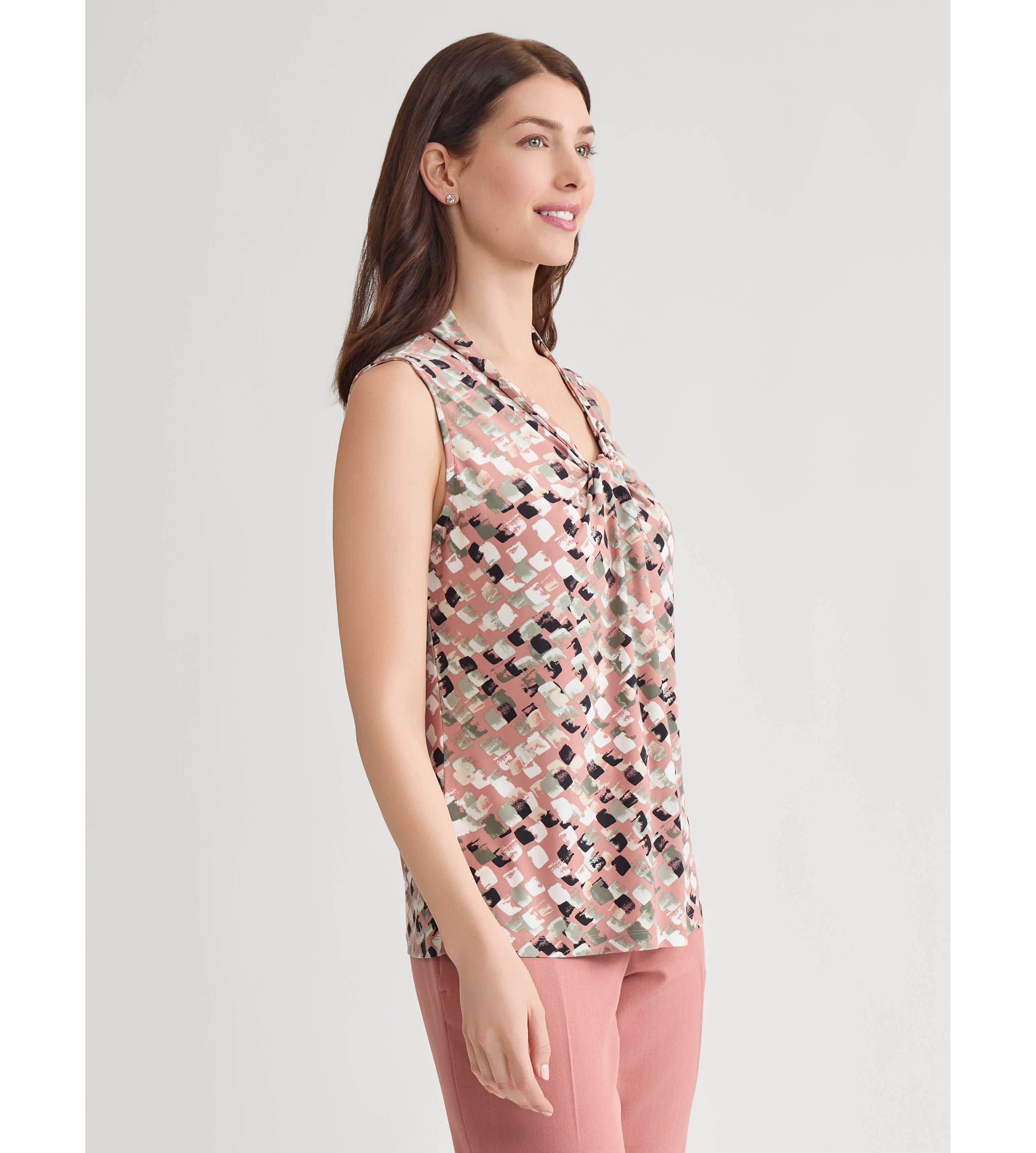 Block Print Sleeveless Knot Front Knit Top