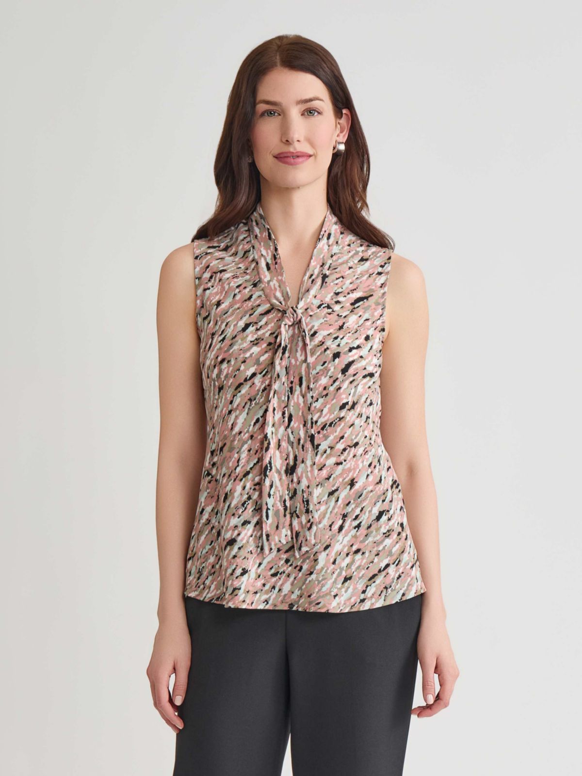 Multi Print Sleeveless Tie Neck Blouse