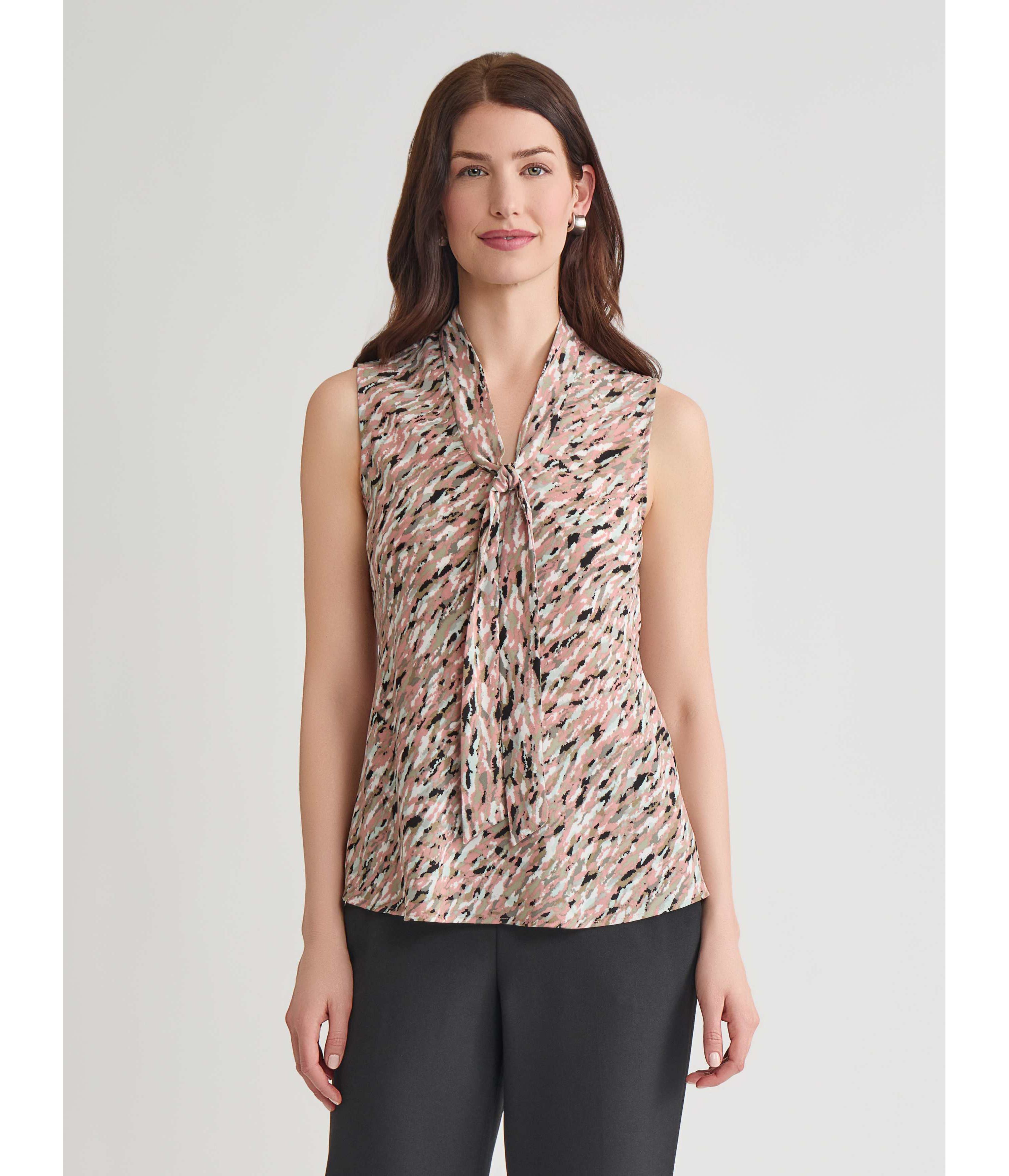 Multi Print Sleeveless Tie Neck Blouse