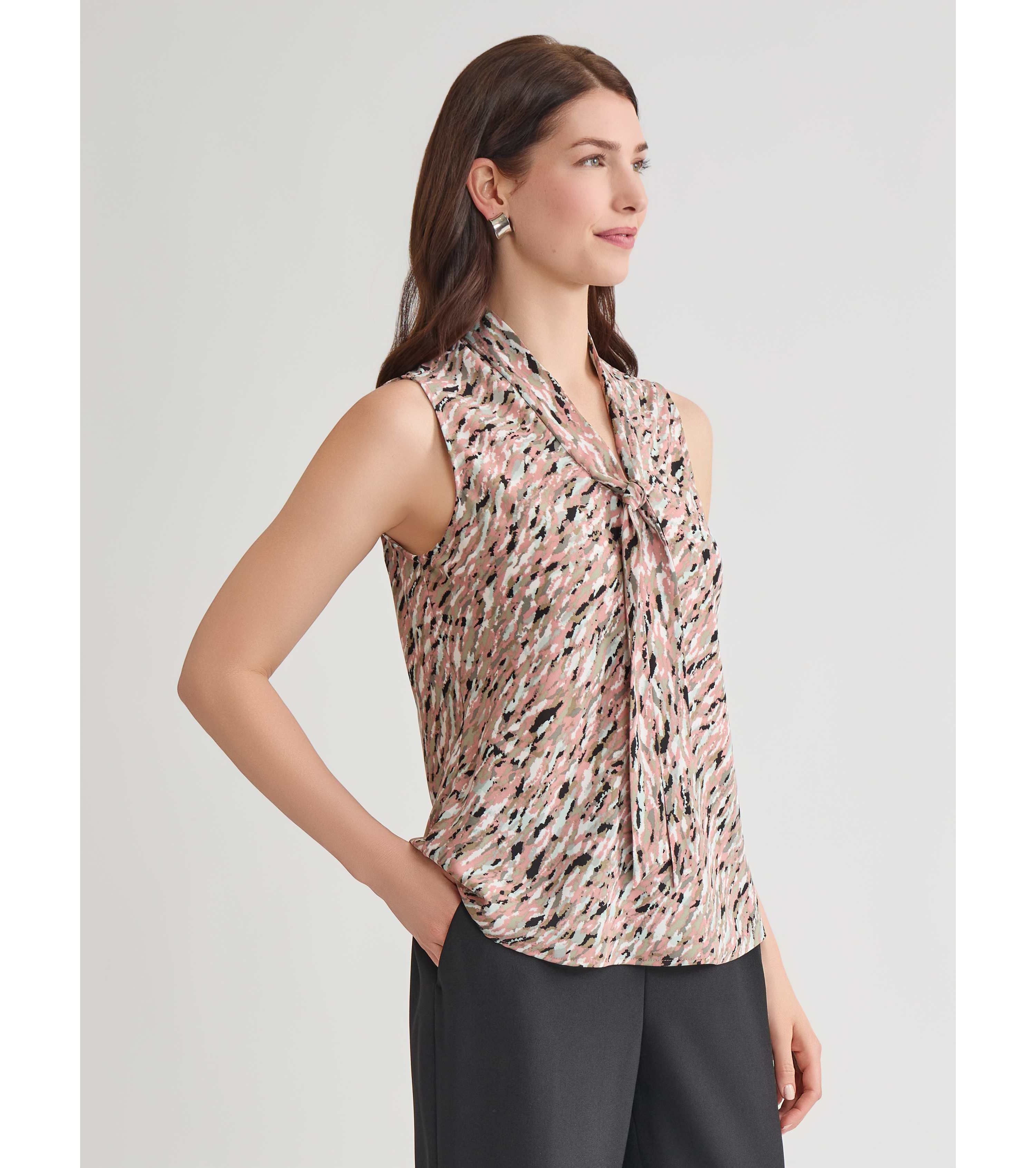 Multi Print Sleeveless Tie Neck Blouse