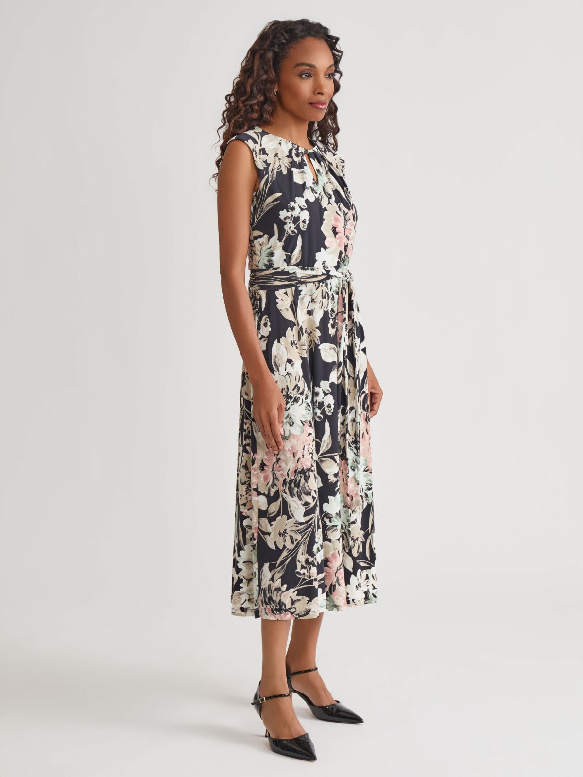 Soft Floral Print Pleat Neck Knit Dress