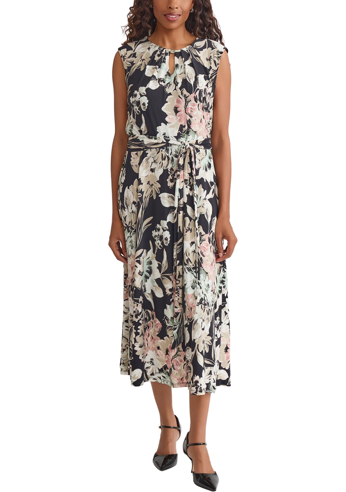 Soft Floral Print Pleat Neck Knit Dress