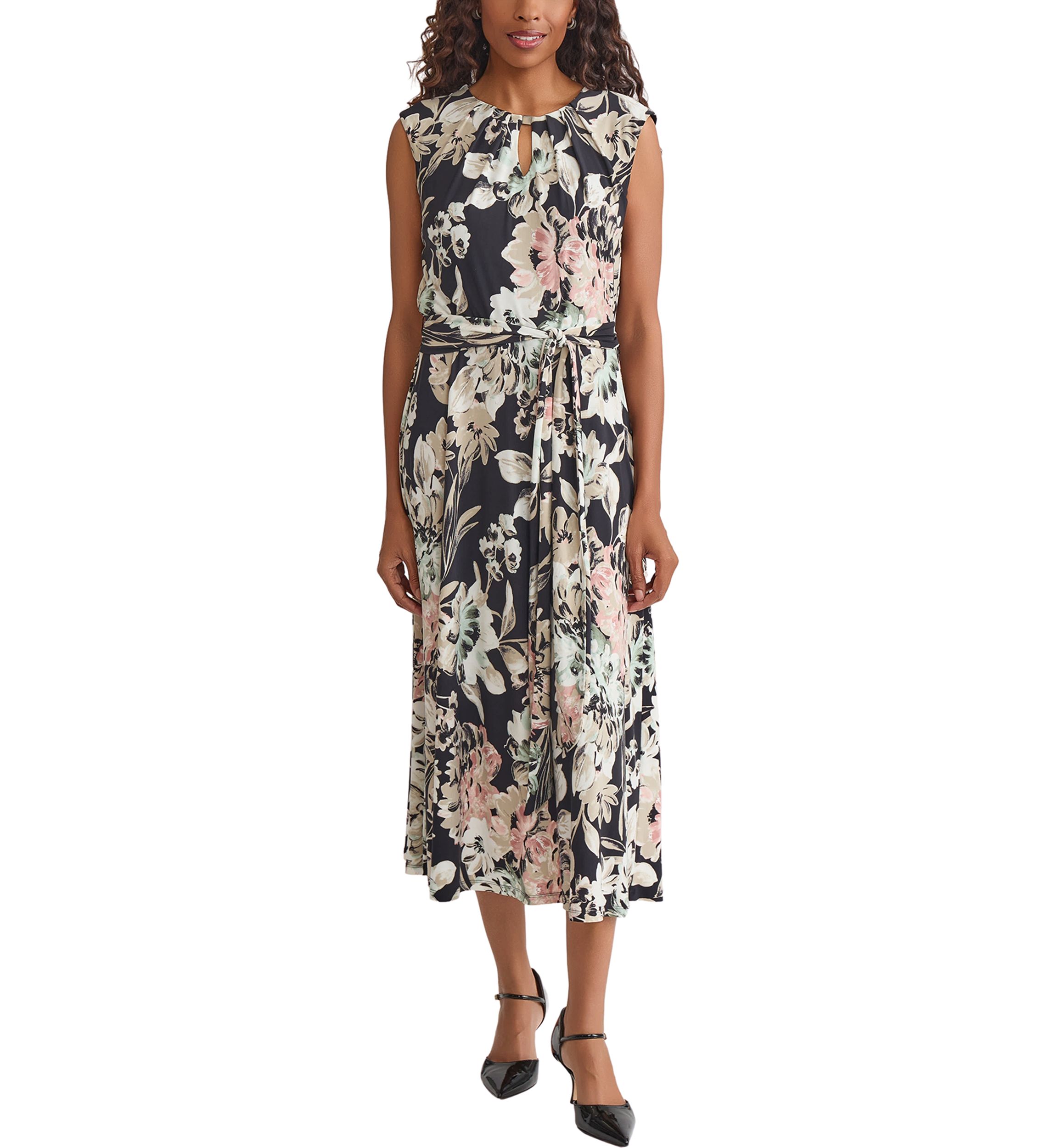 Soft Floral Print Pleat Neck Knit Dress