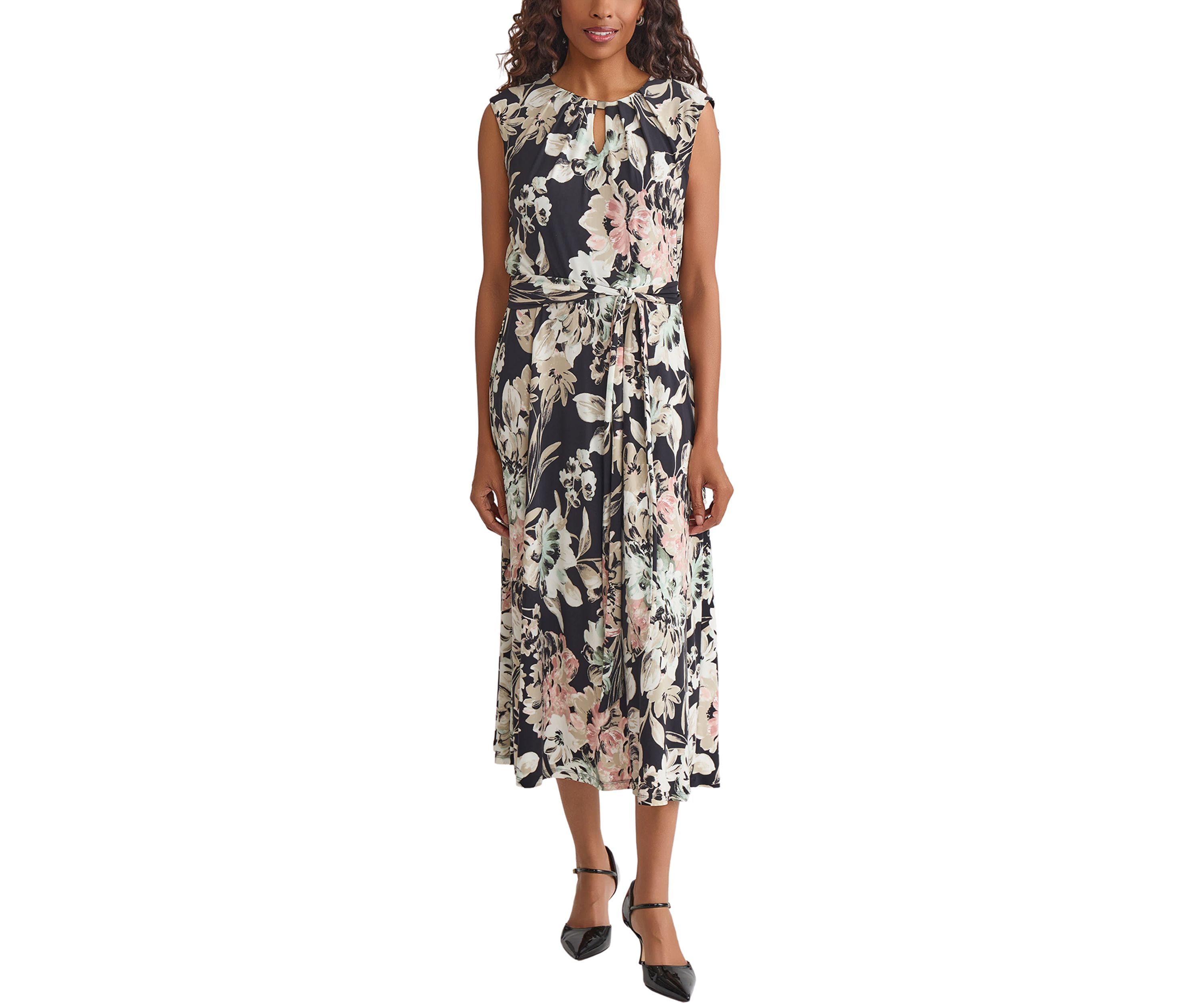 Soft Floral Print Pleat Neck Knit Dress