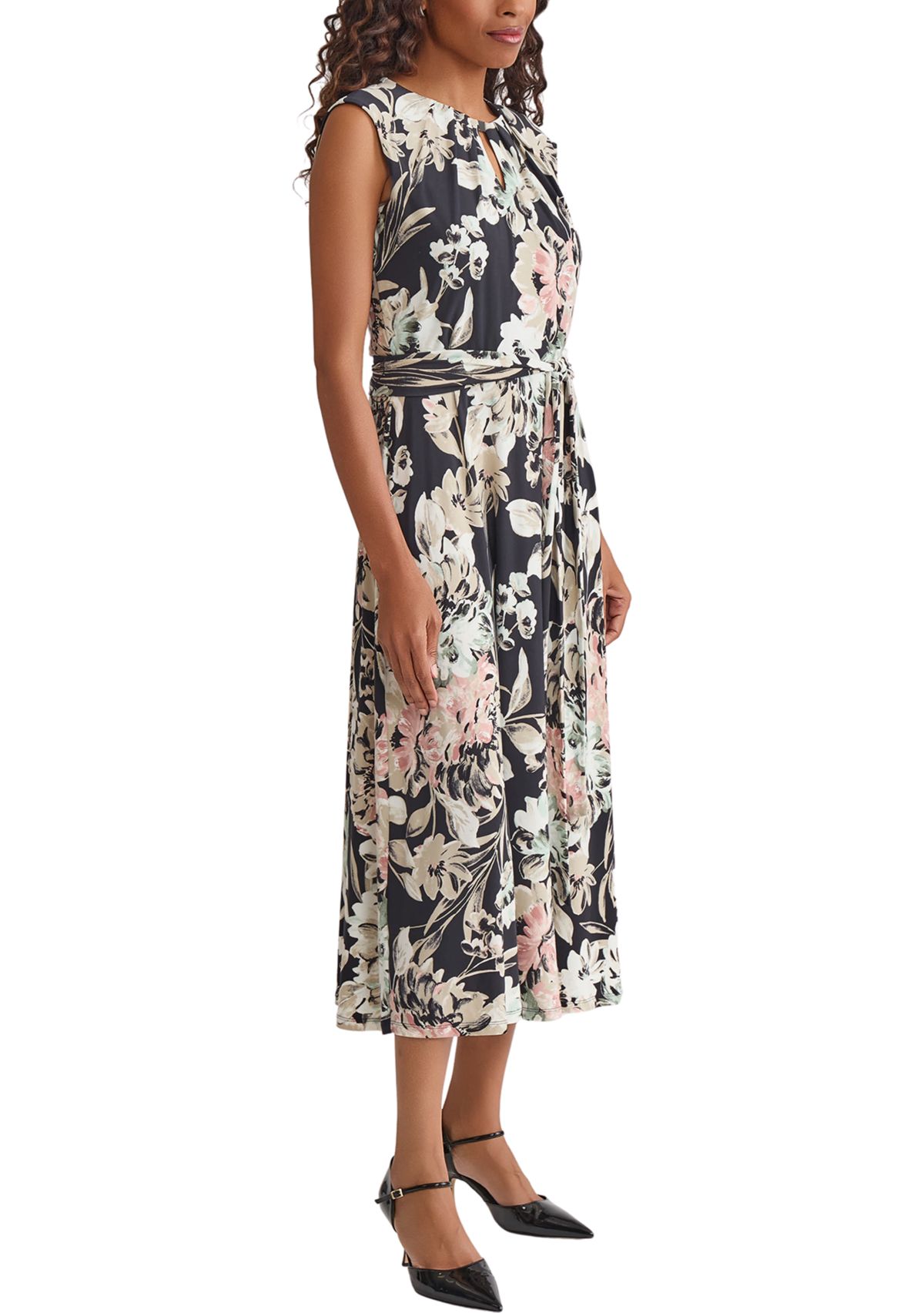 Soft Floral Print Pleat Neck Knit Dress