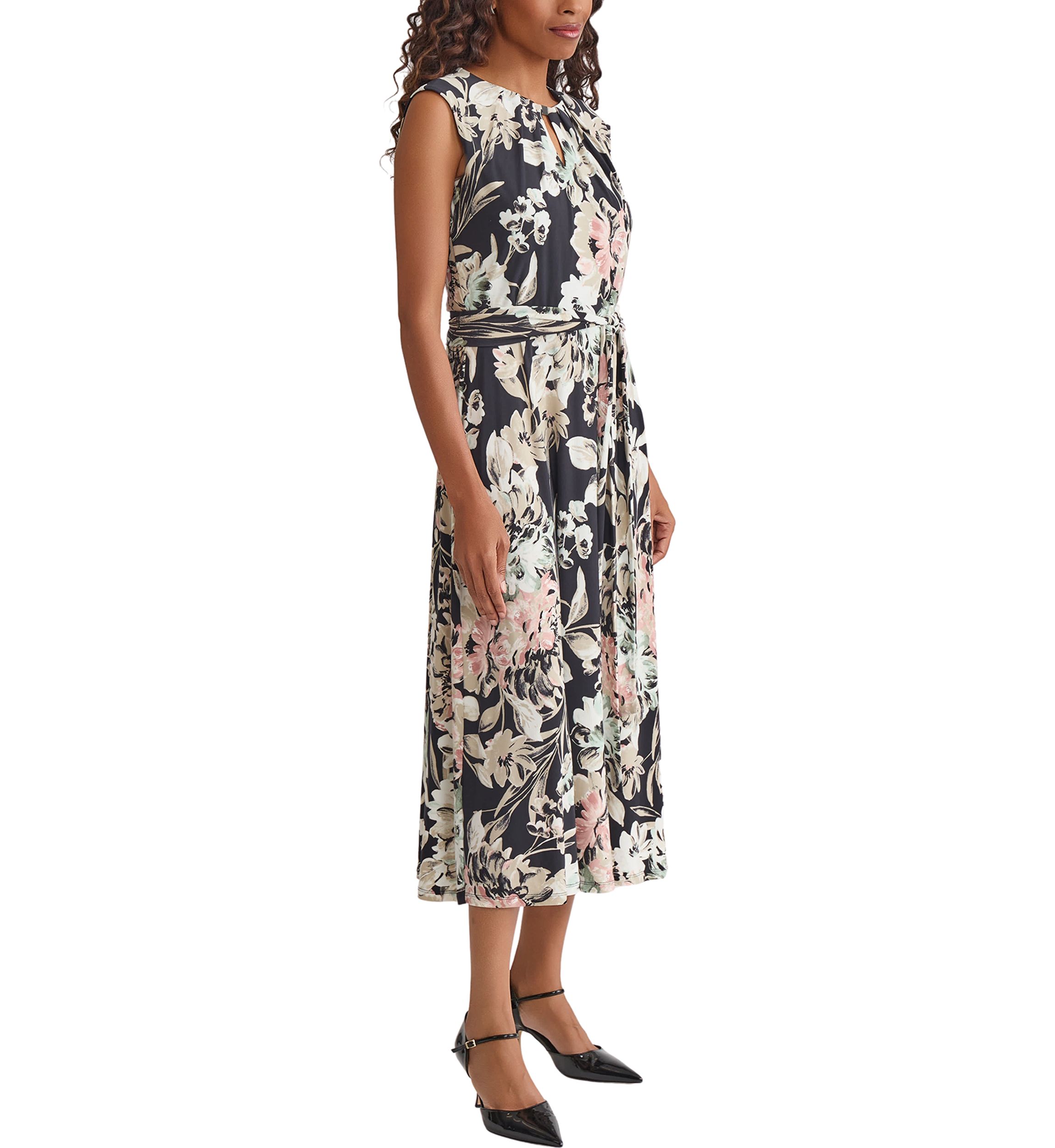 Soft Floral Print Pleat Neck Knit Dress