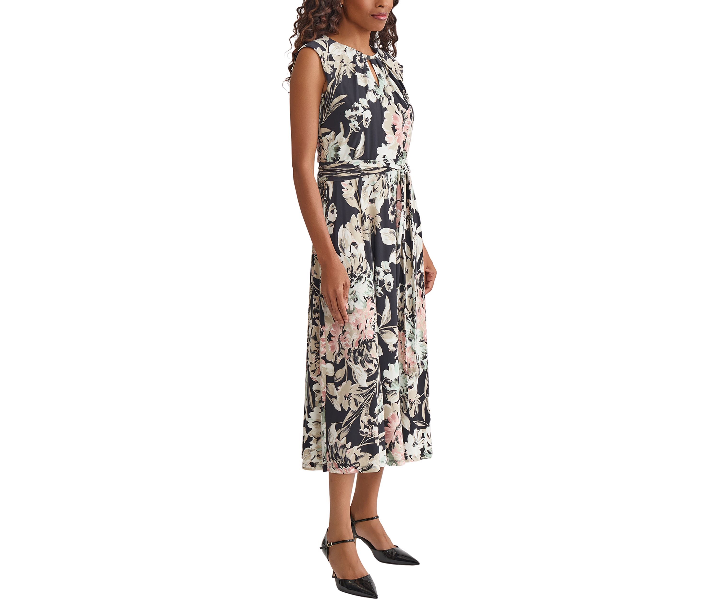 Soft Floral Print Pleat Neck Knit Dress