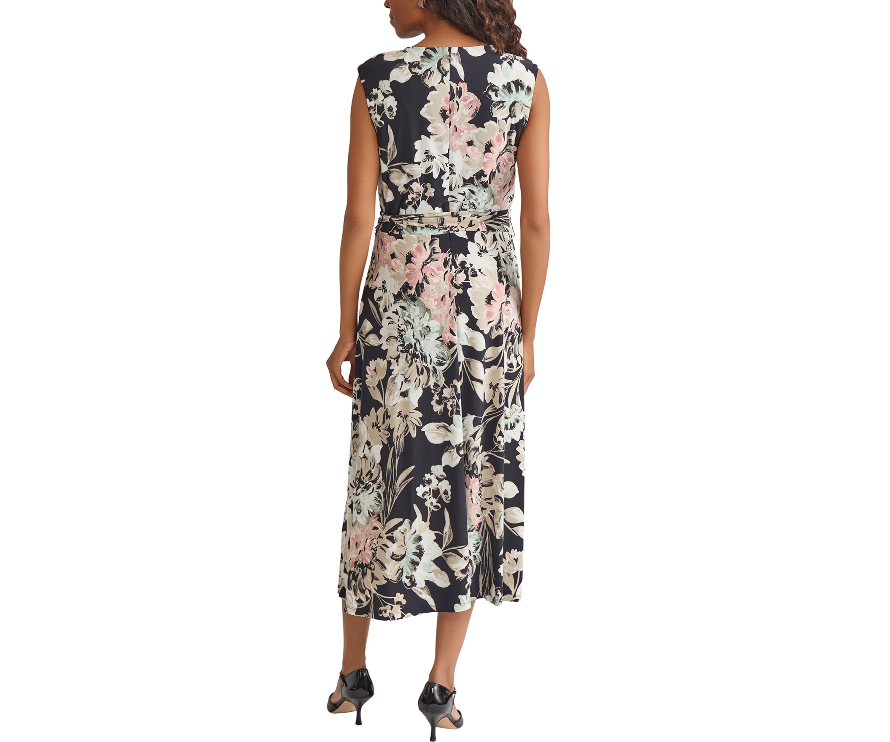 Soft Floral Print Pleat Neck Knit Dress