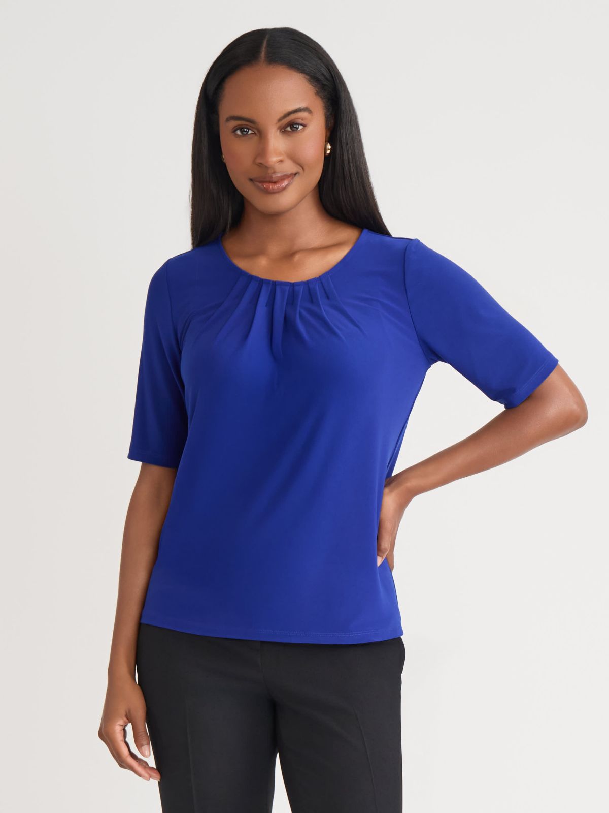 Womens Short Sleeve Pleat Neck Knit Top