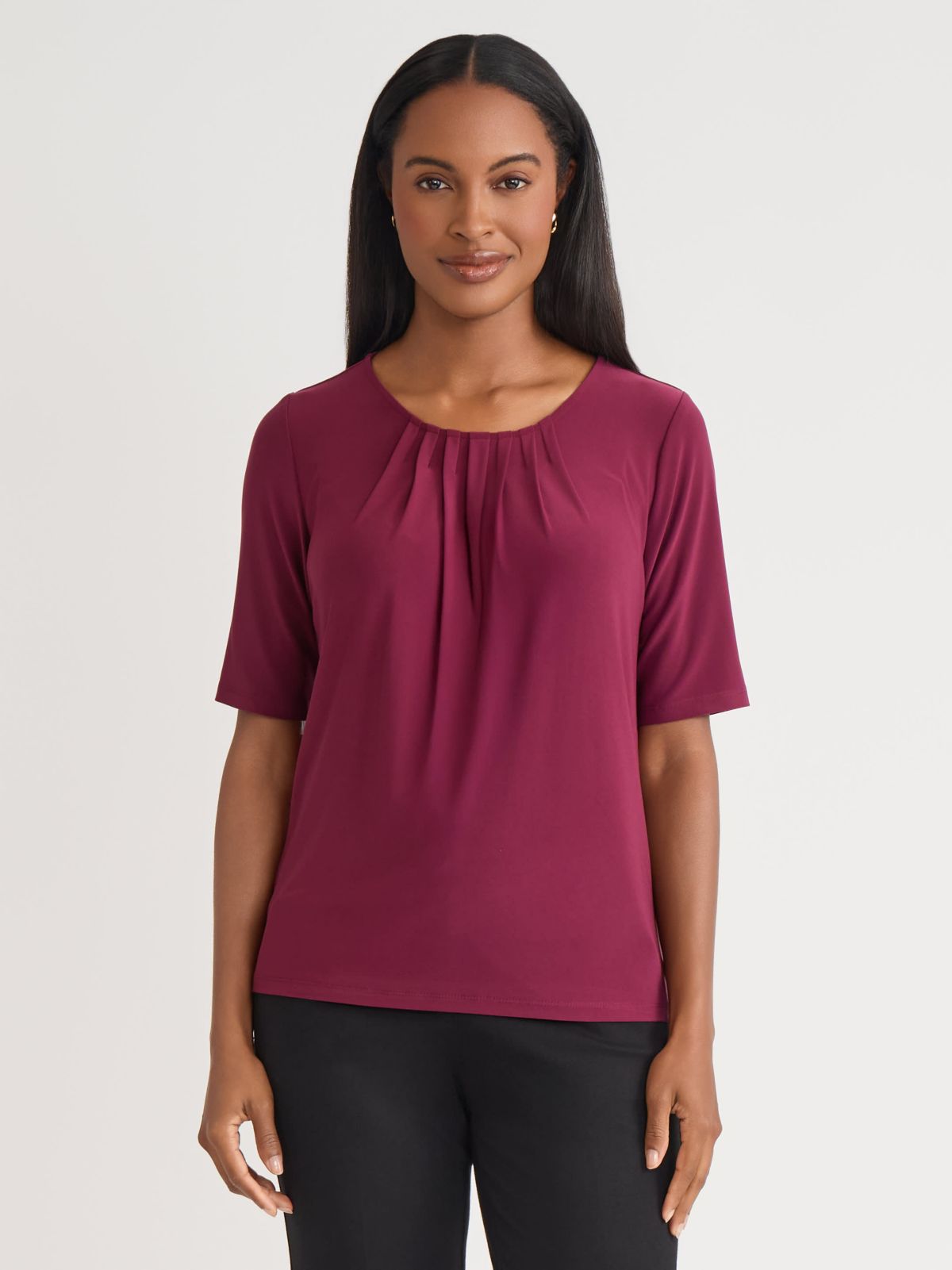 Womens Short Sleeve Pleat Neck Knit Top