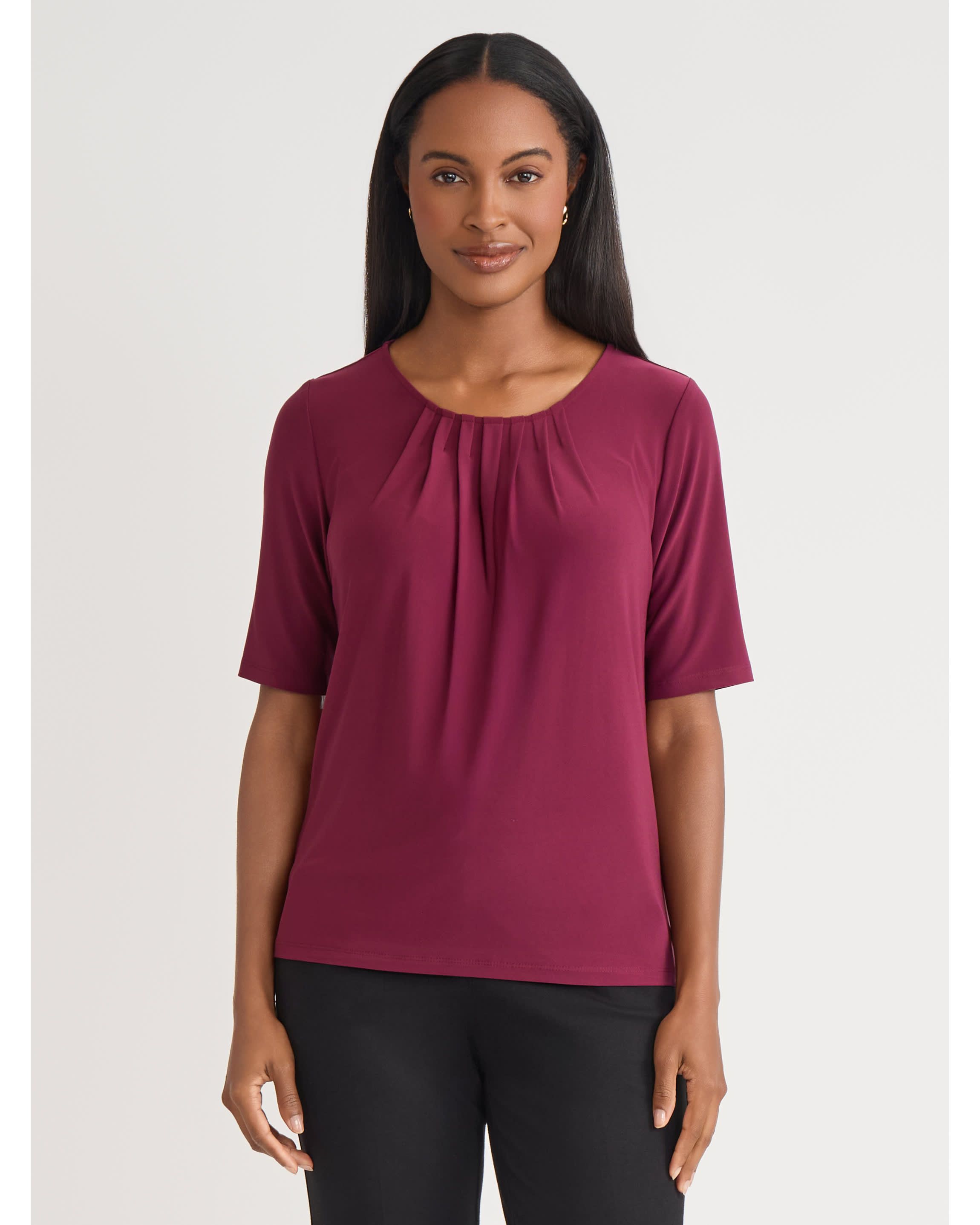 Womens Short Sleeve Pleat Neck Knit Top