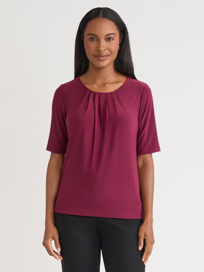 Womens Short Sleeve Pleat Neck Knit Top
