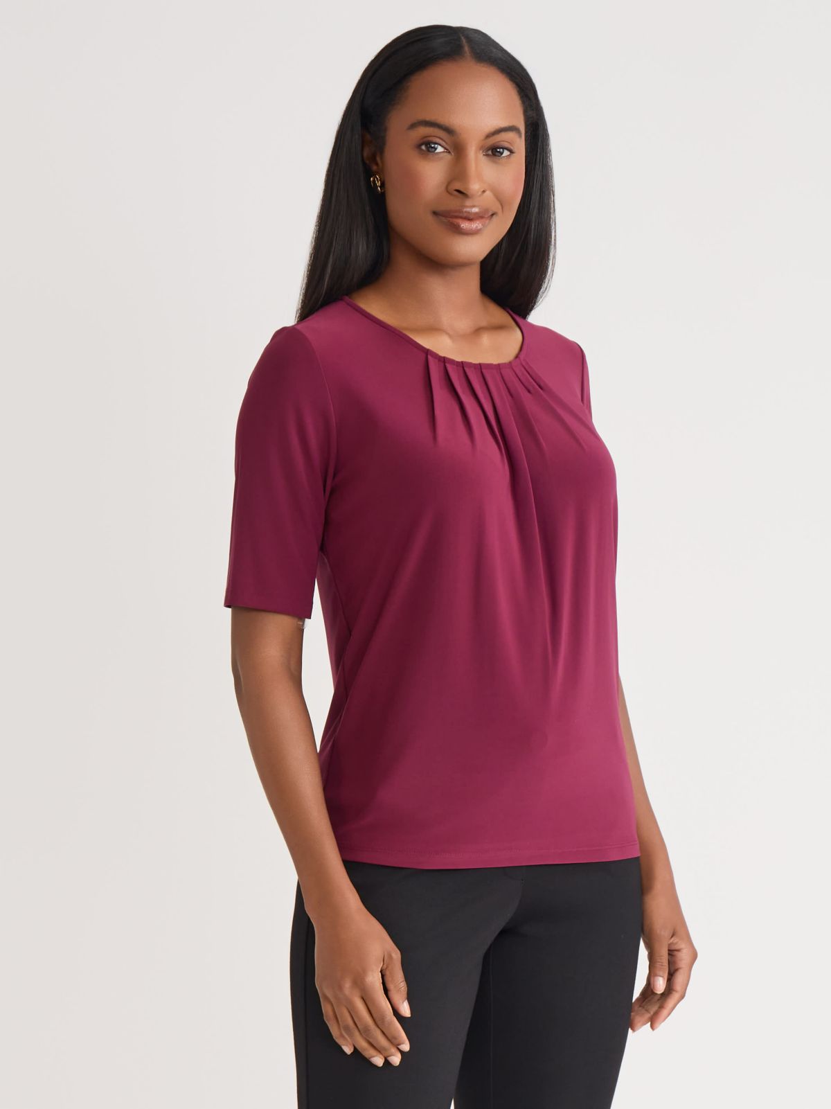 Womens Short Sleeve Pleat Neck Knit Top