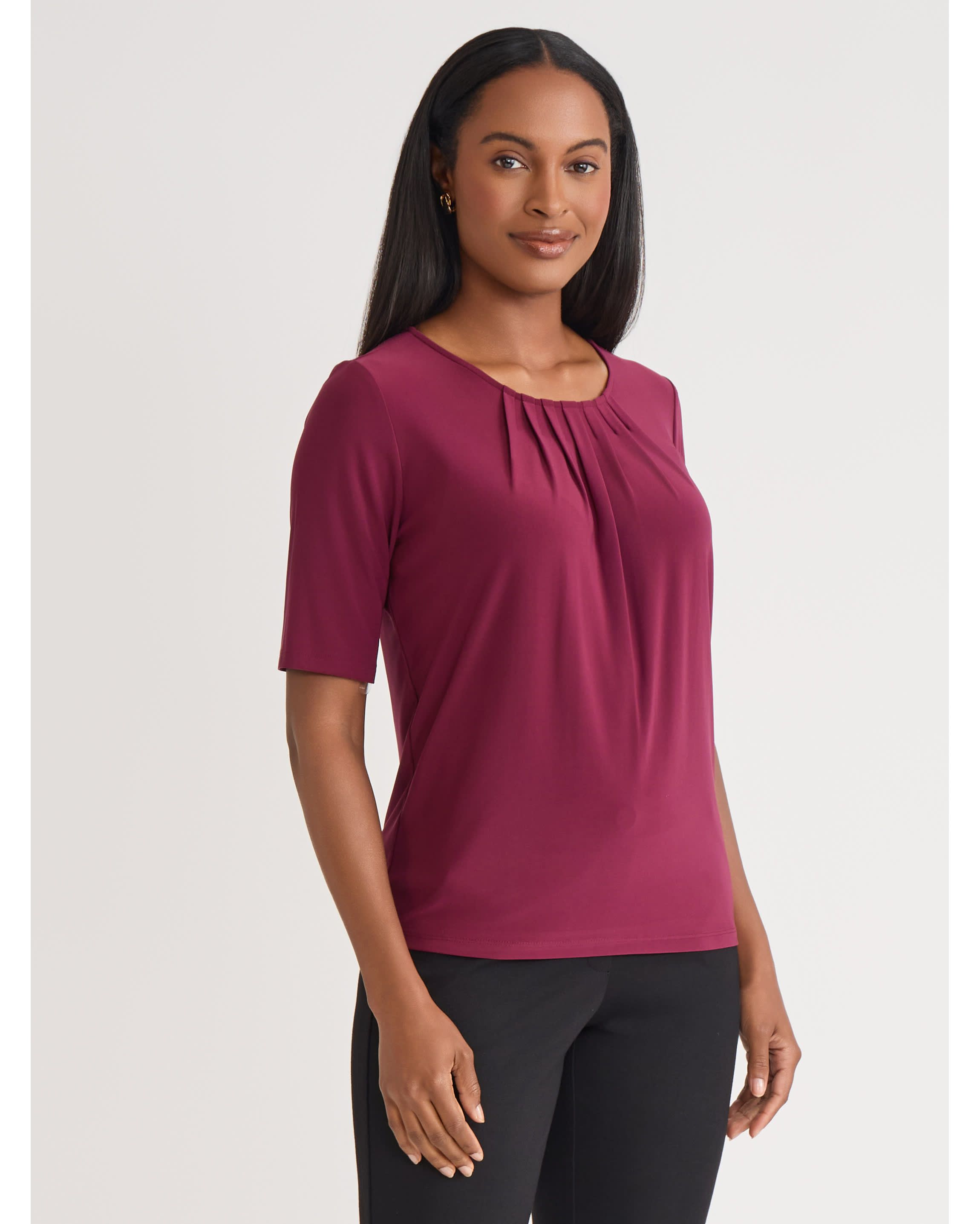 Womens Short Sleeve Pleat Neck Knit Top