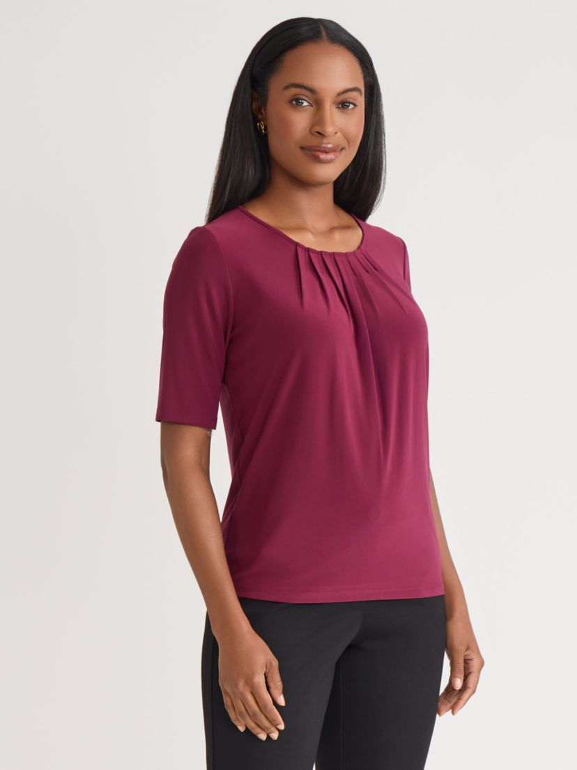 Womens Short Sleeve Pleat Neck Knit Top