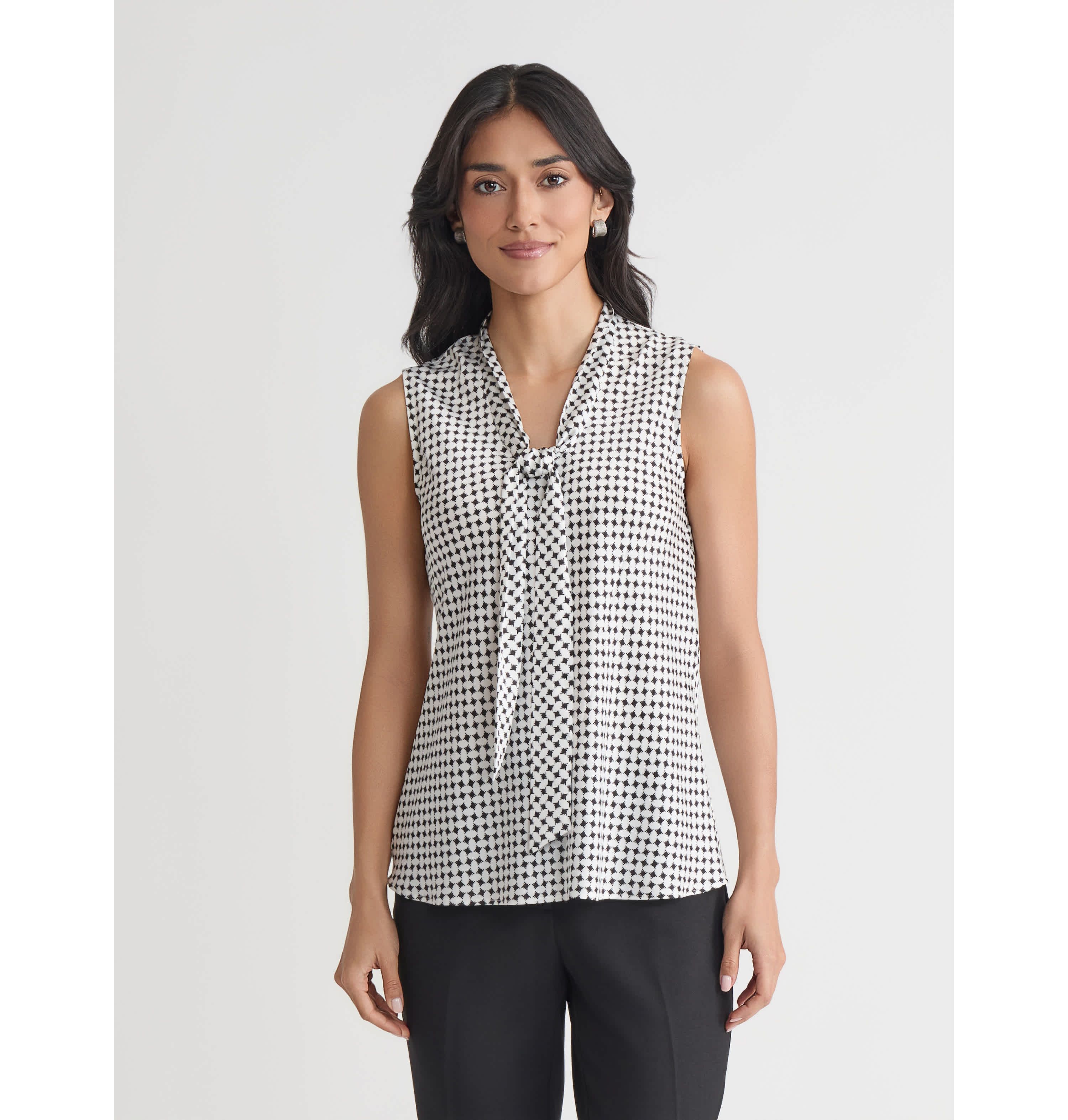 Petite Geo Print Sleeveless Tie Neck Blouse