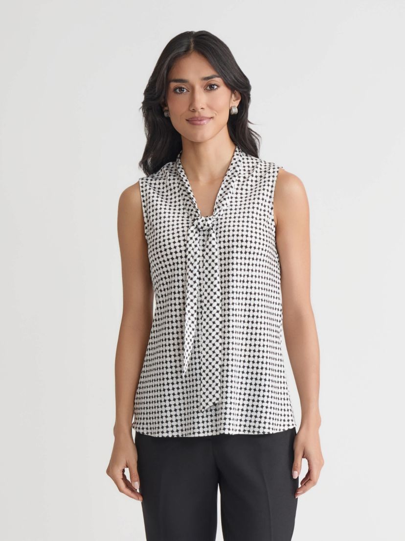 Petite Geo Print Sleeveless Tie Neck Blouse
