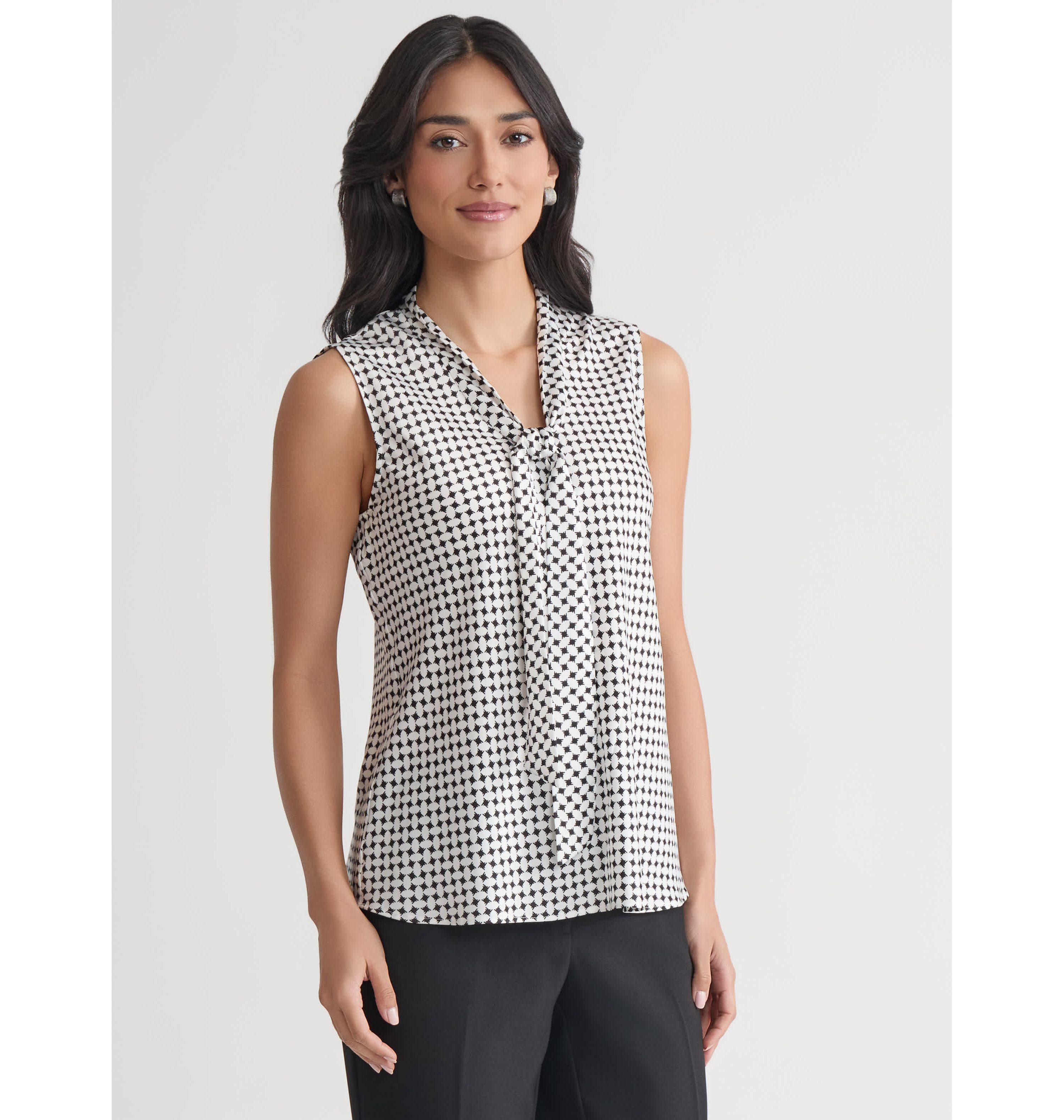 Petite Geo Print Sleeveless Tie Neck Blouse