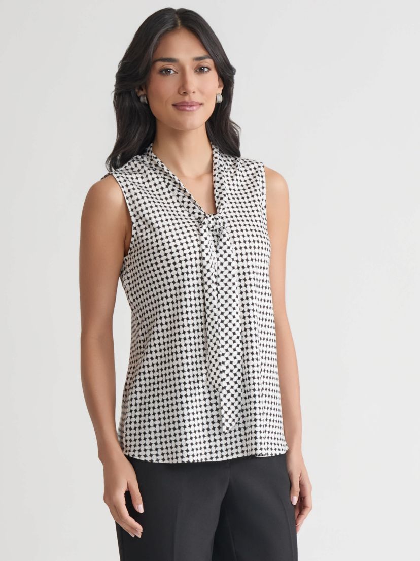 Petite Geo Print Sleeveless Tie Neck Blouse