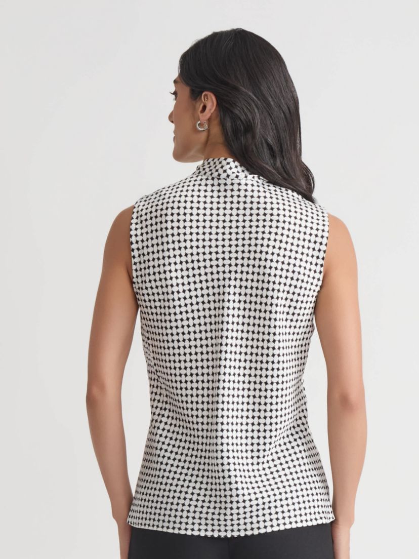 Petite Geo Print Sleeveless Tie Neck Blouse
