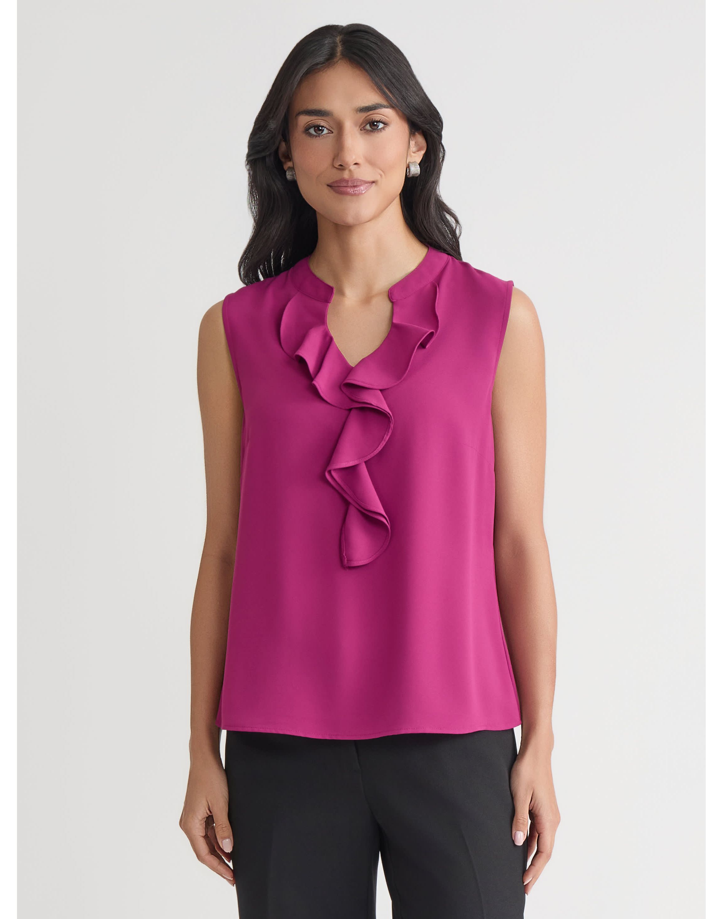 Petite Crepe Sleeveless Ruffle Front Blouse