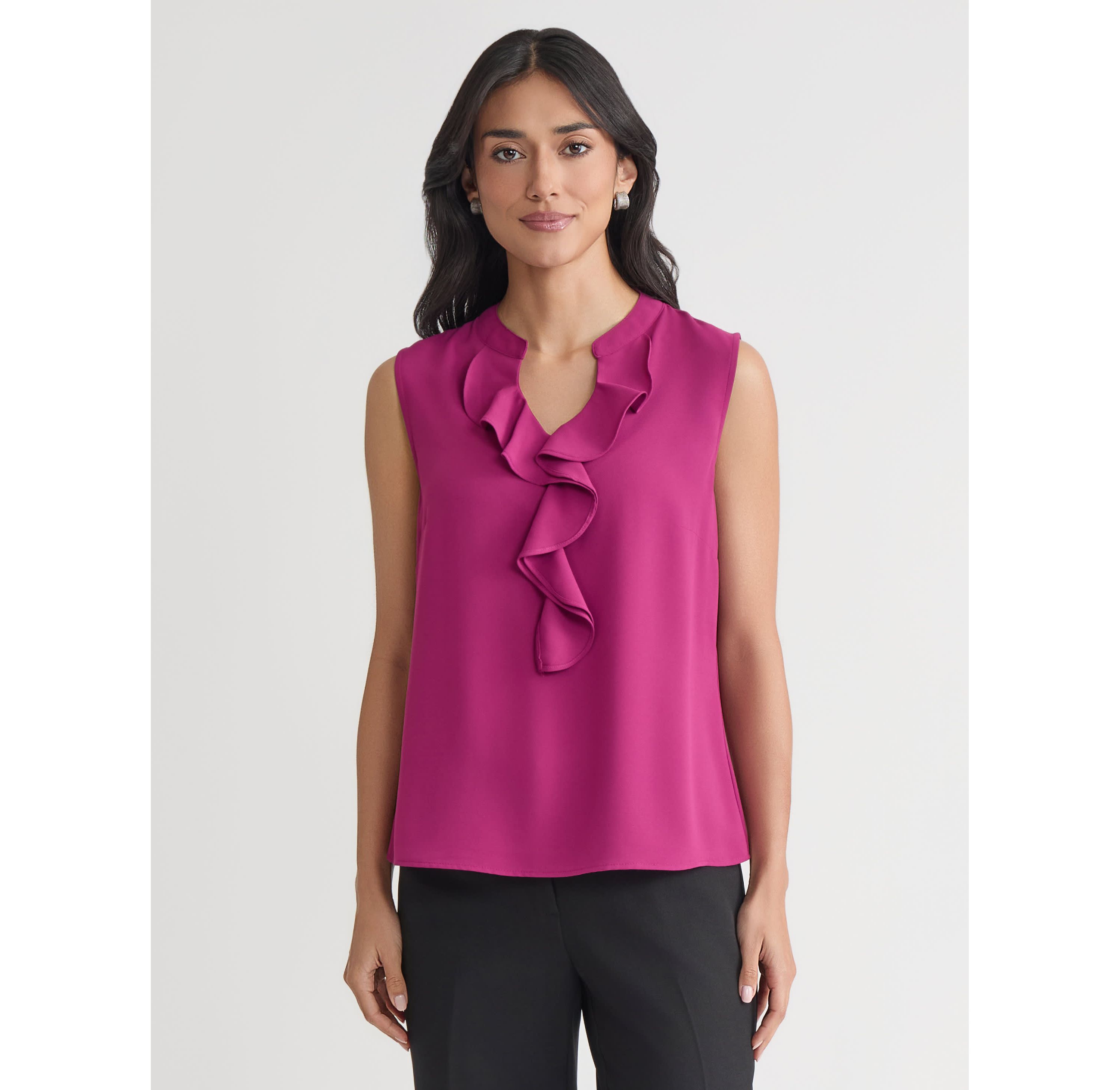 Petite Crepe Sleeveless Ruffle Front Blouse