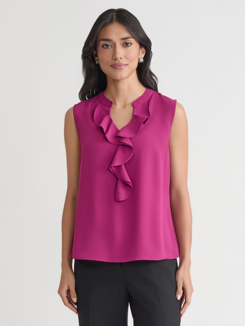 Petite Crepe Sleeveless Ruffle Front Blouse