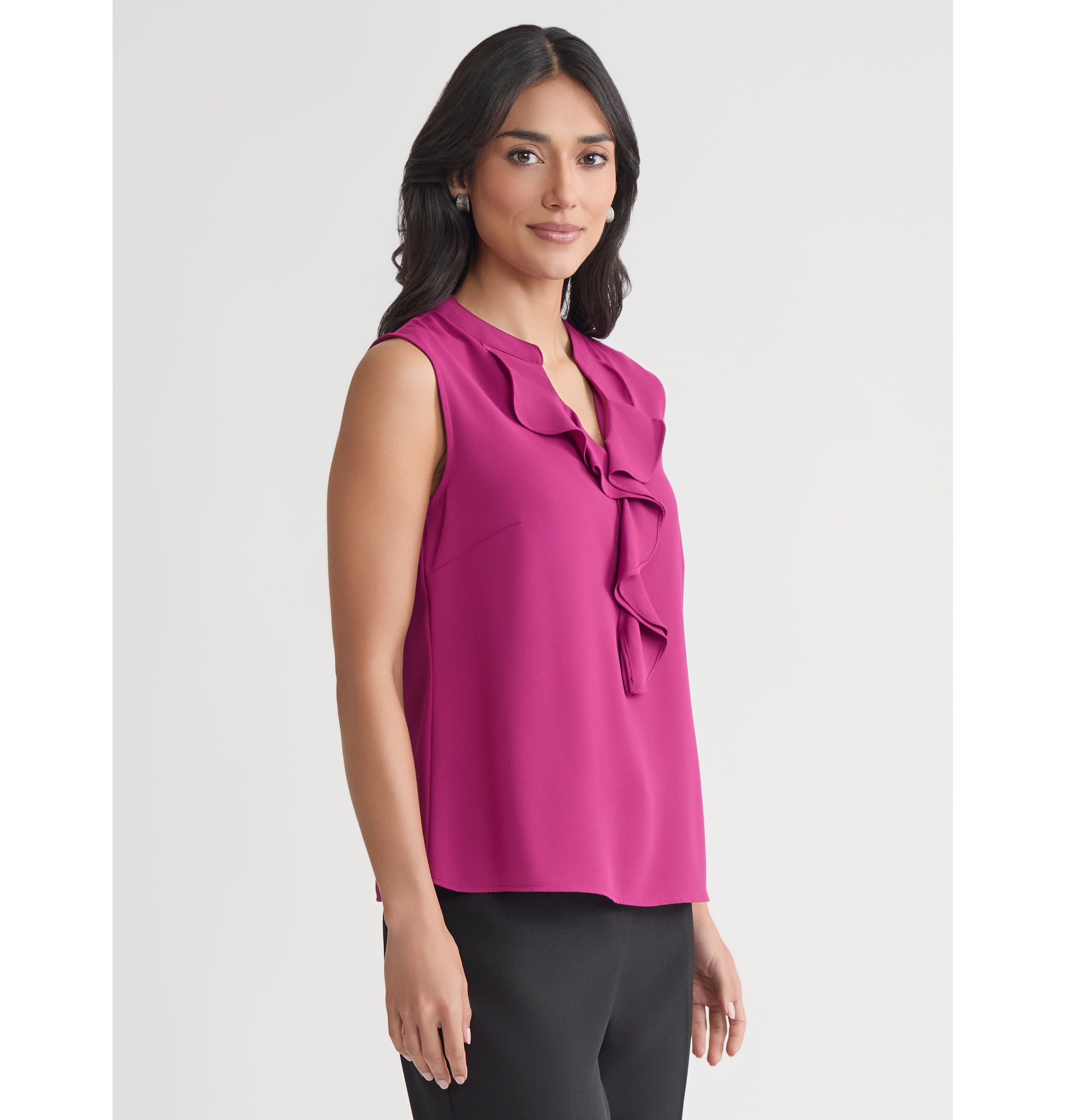 Petite Crepe Sleeveless Ruffle Front Blouse