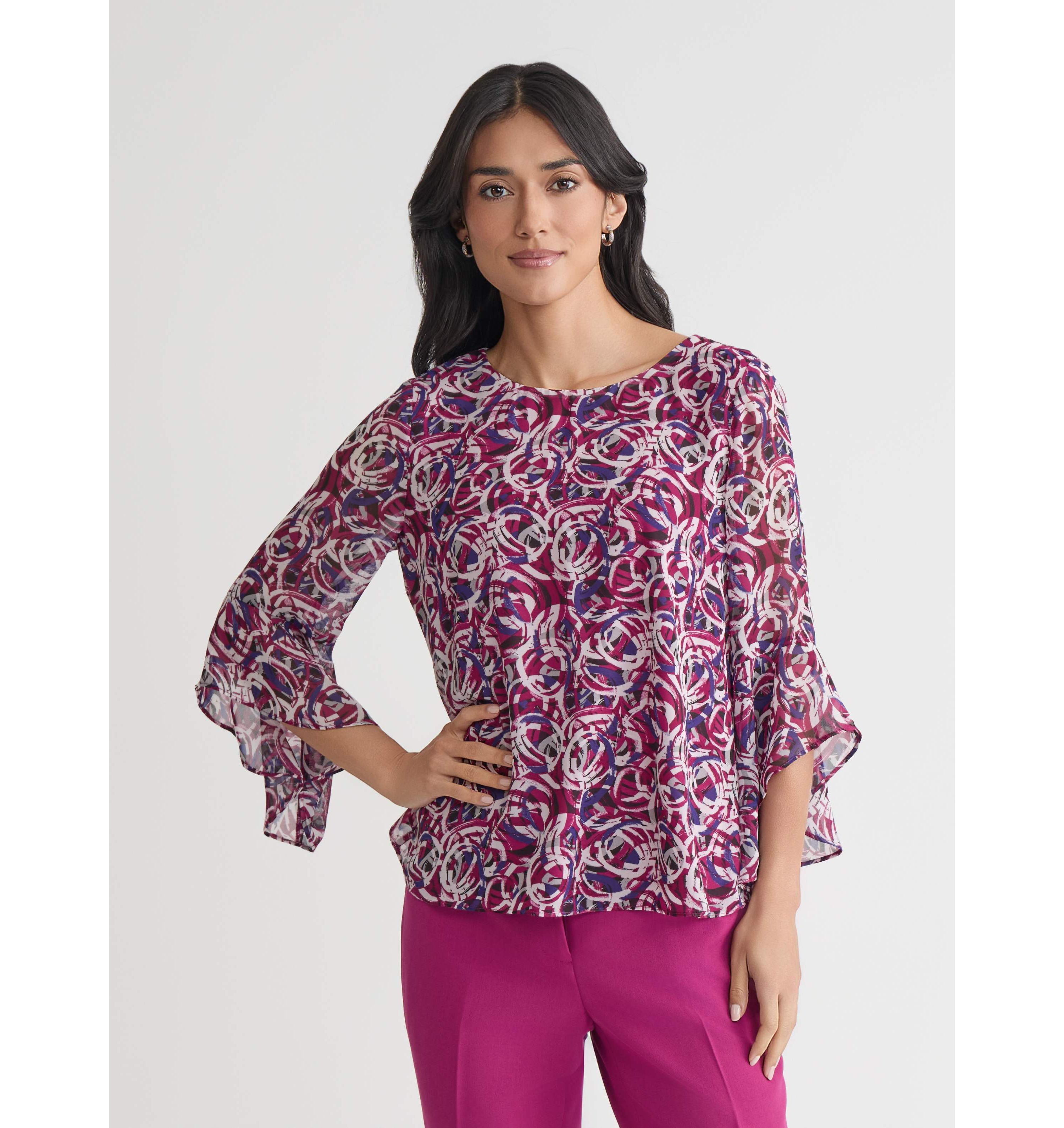Petite Circle Print Ruffle Sleeve Blouse