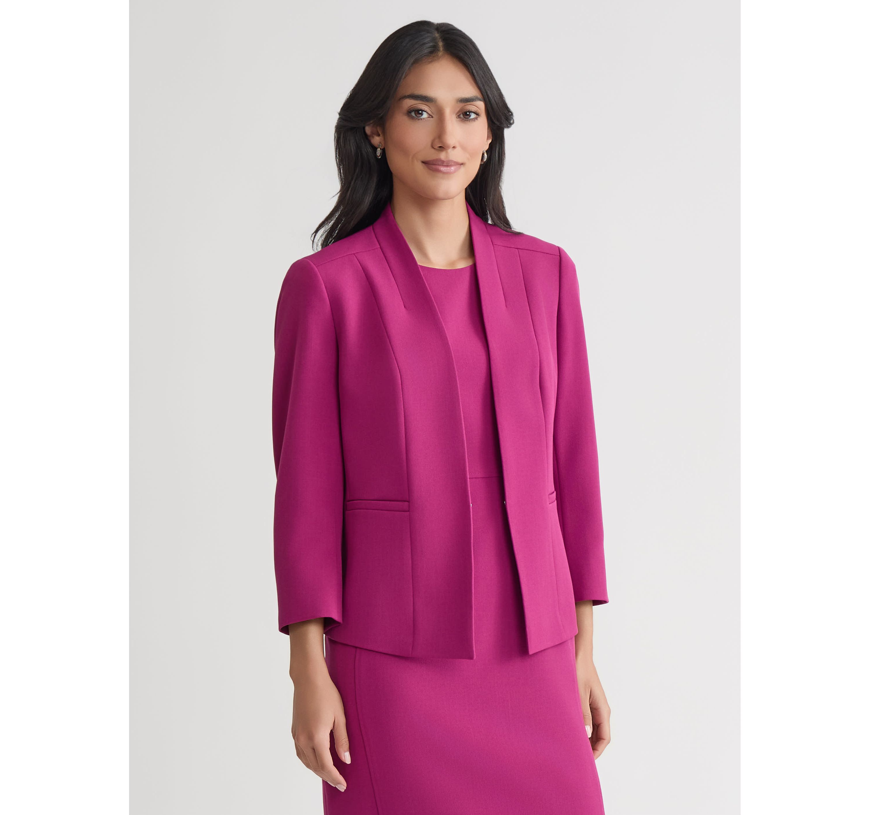 Petite Stretch Crepe Seamed Open Front Jacket