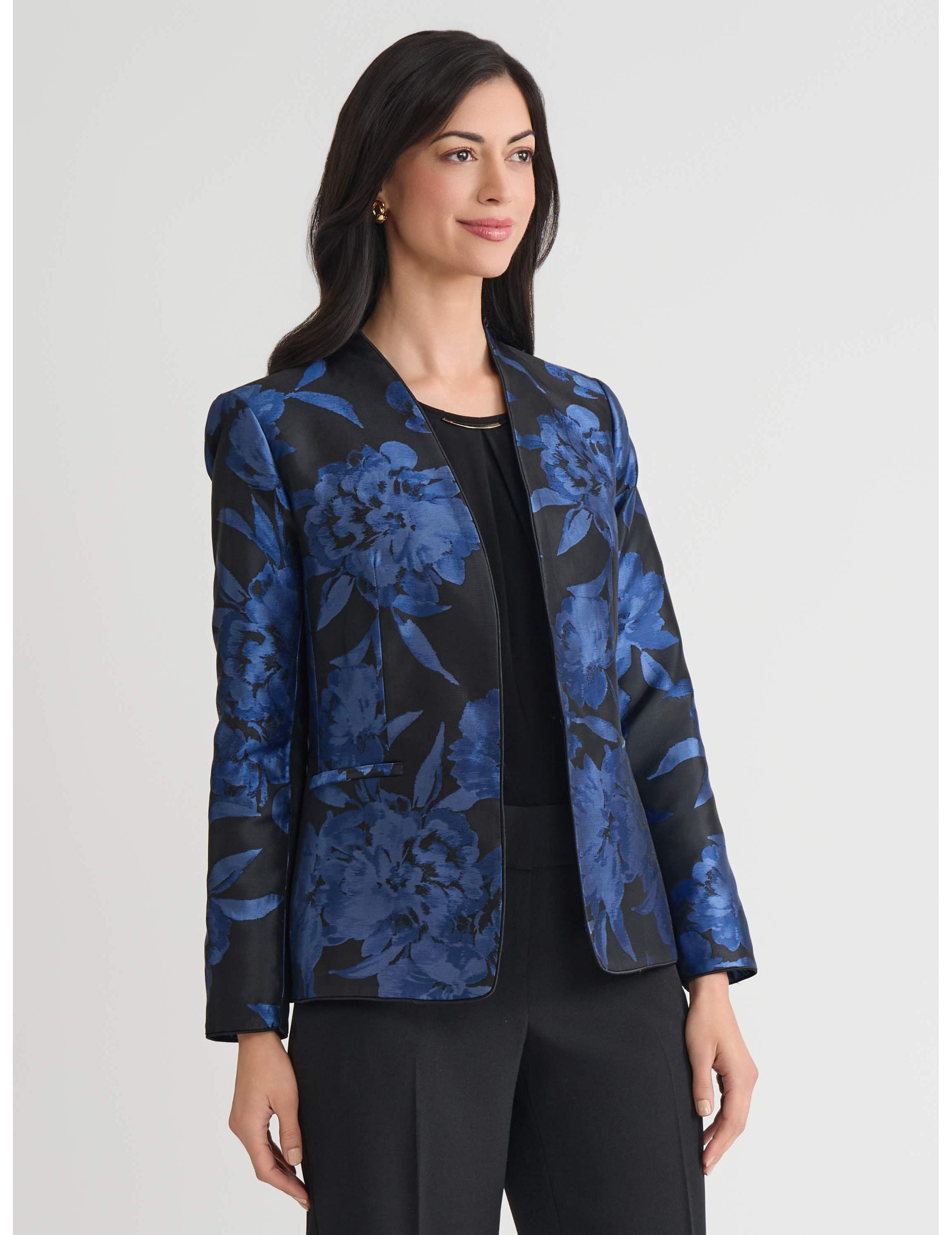 Petite Floral Jacquard Collarless Jacket