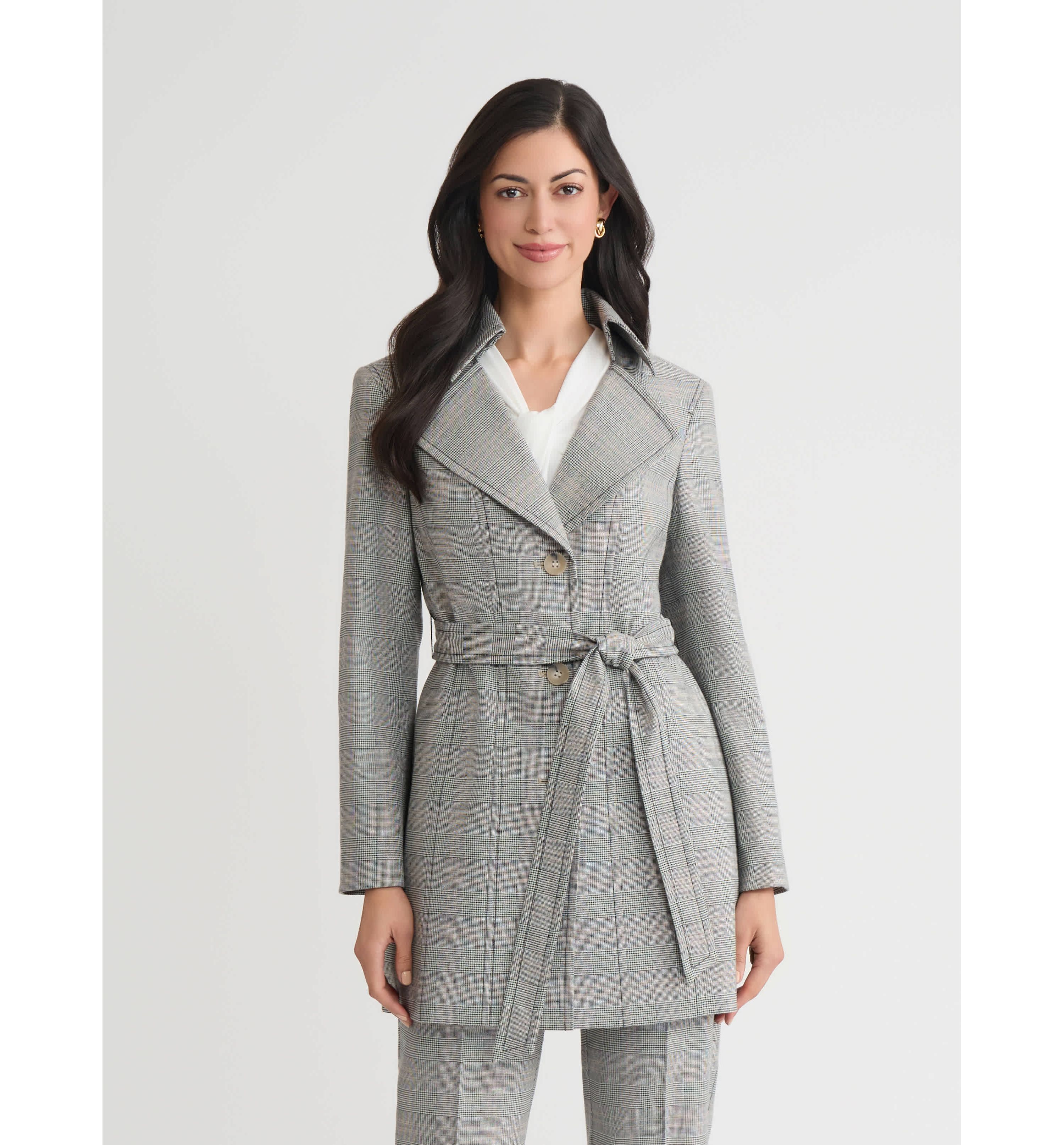 Petite Plaid Belted Trench