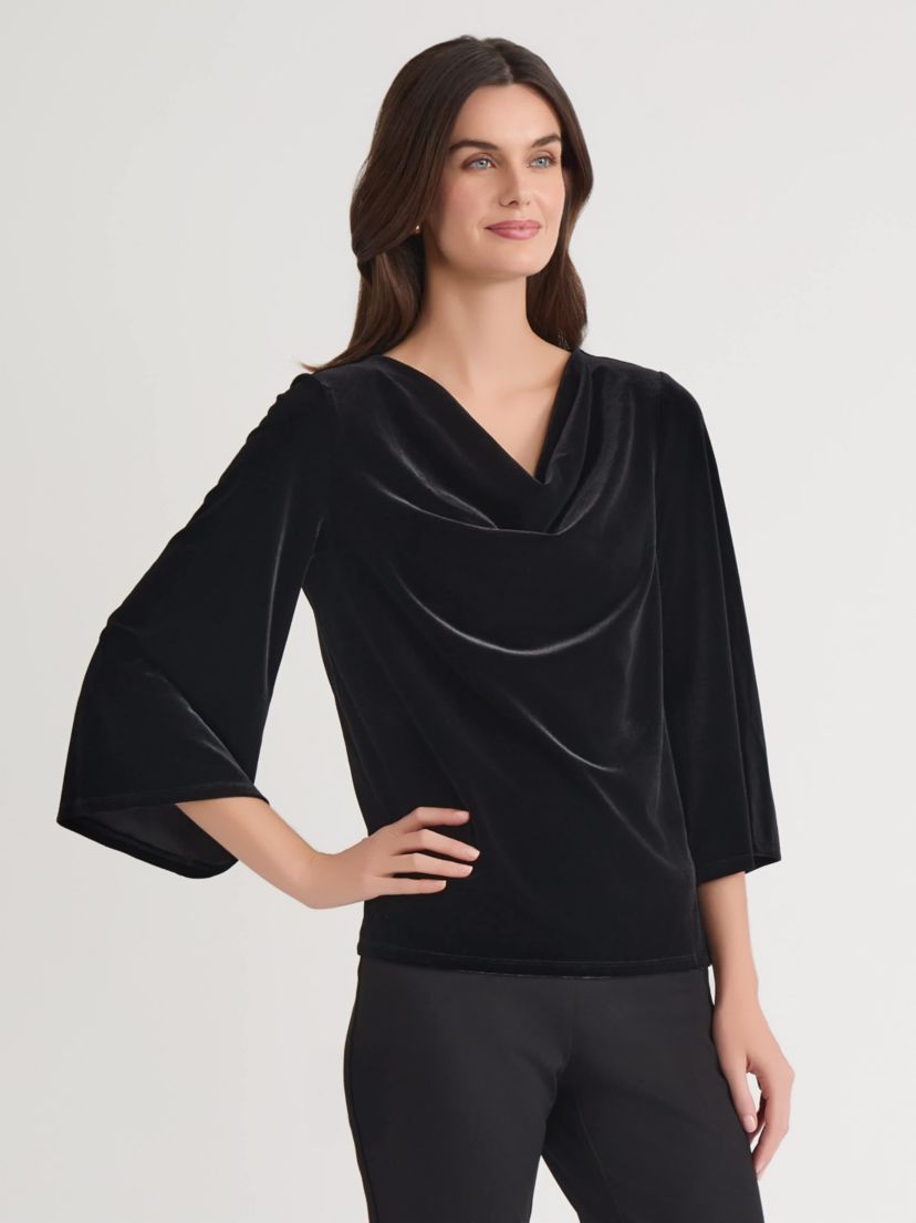 Womens Velvet Bell Sleeve Cowl Neck Top