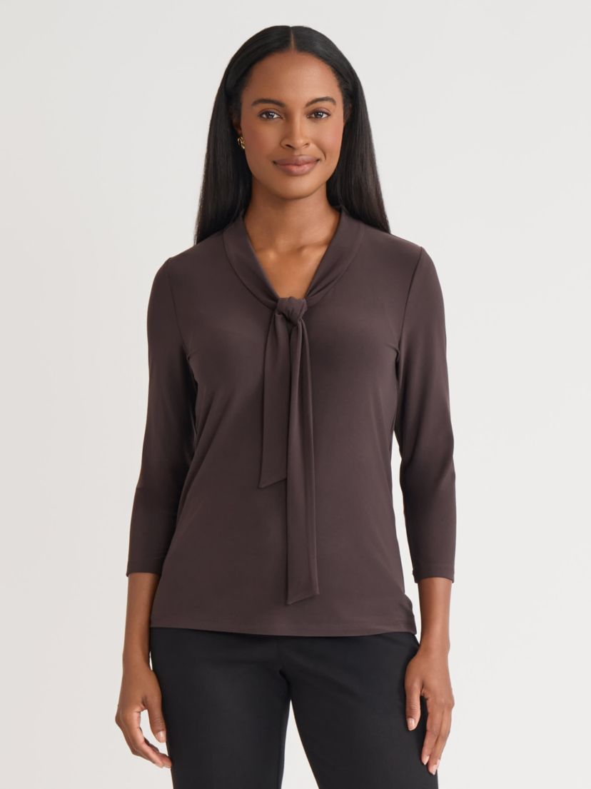 Womens Three Quarter Sleeve Tie Neck Knit Top