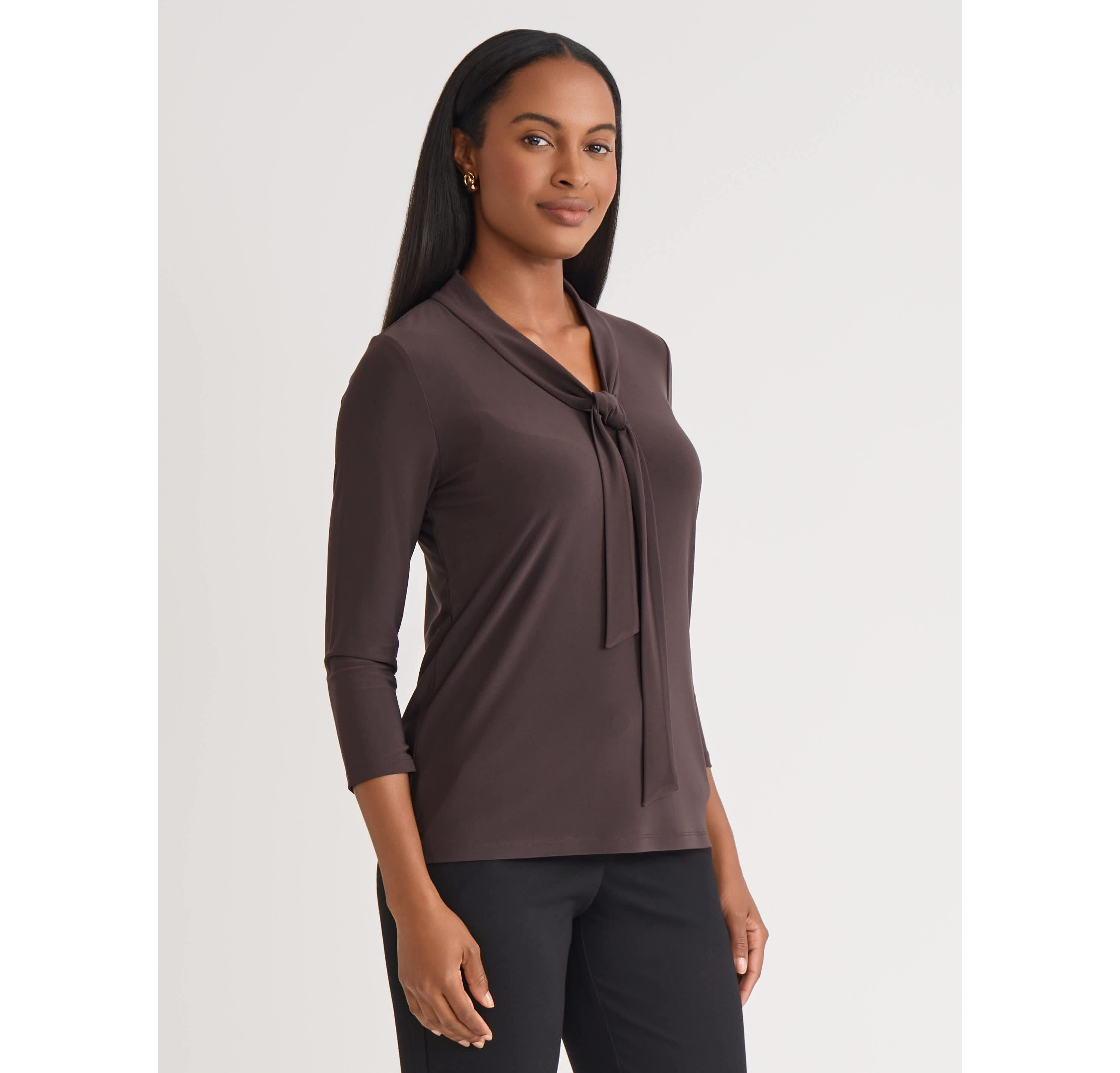 Womens Three Quarter Sleeve Tie Neck Knit Top