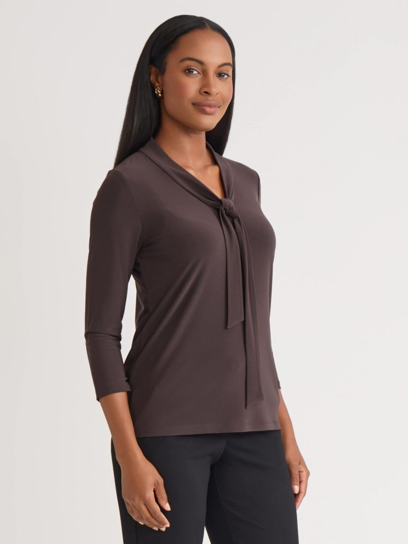Womens Three Quarter Sleeve Tie Neck Knit Top