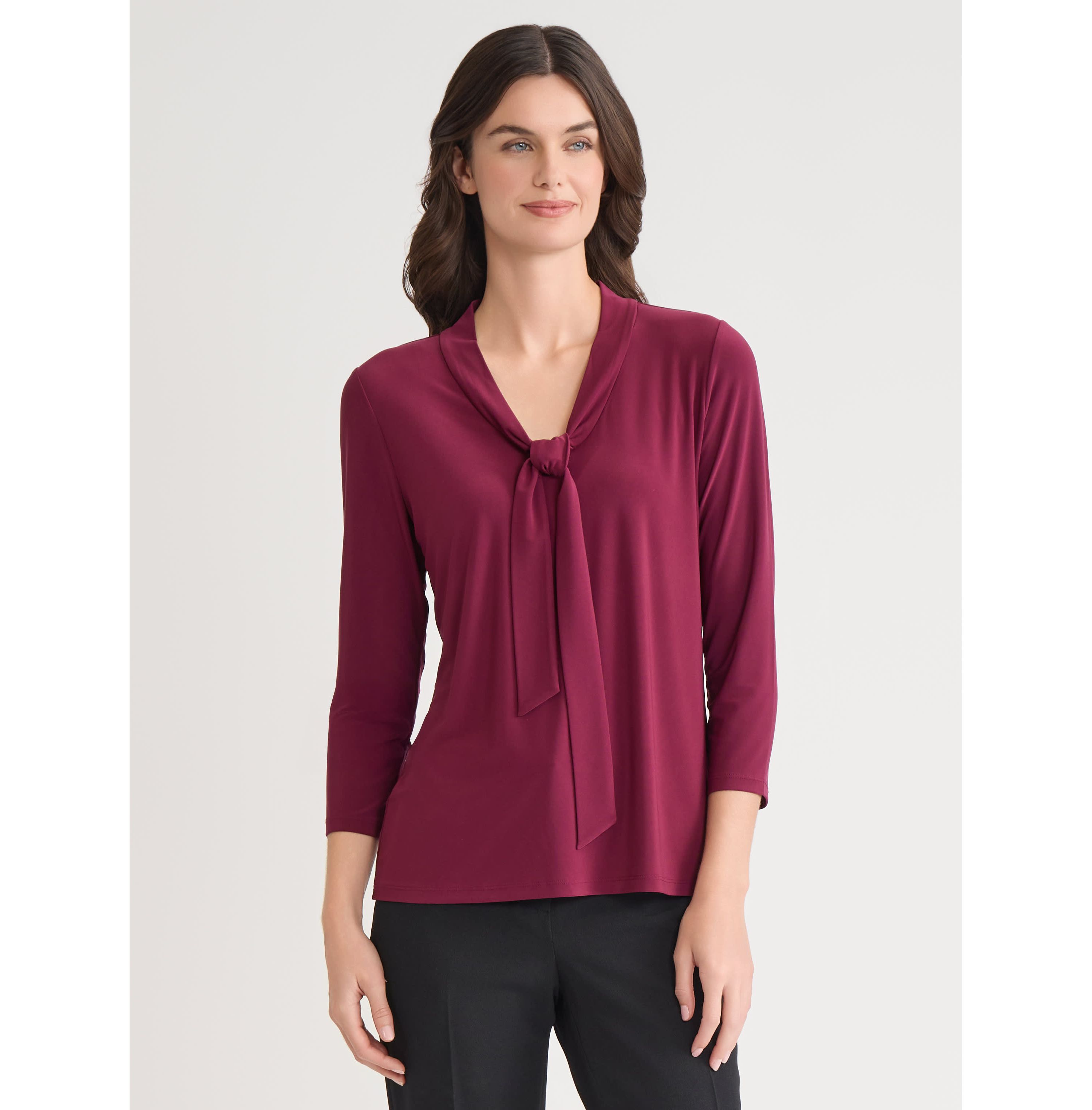 Petite Three Quarter Sleeve Tie Neck Knit Top