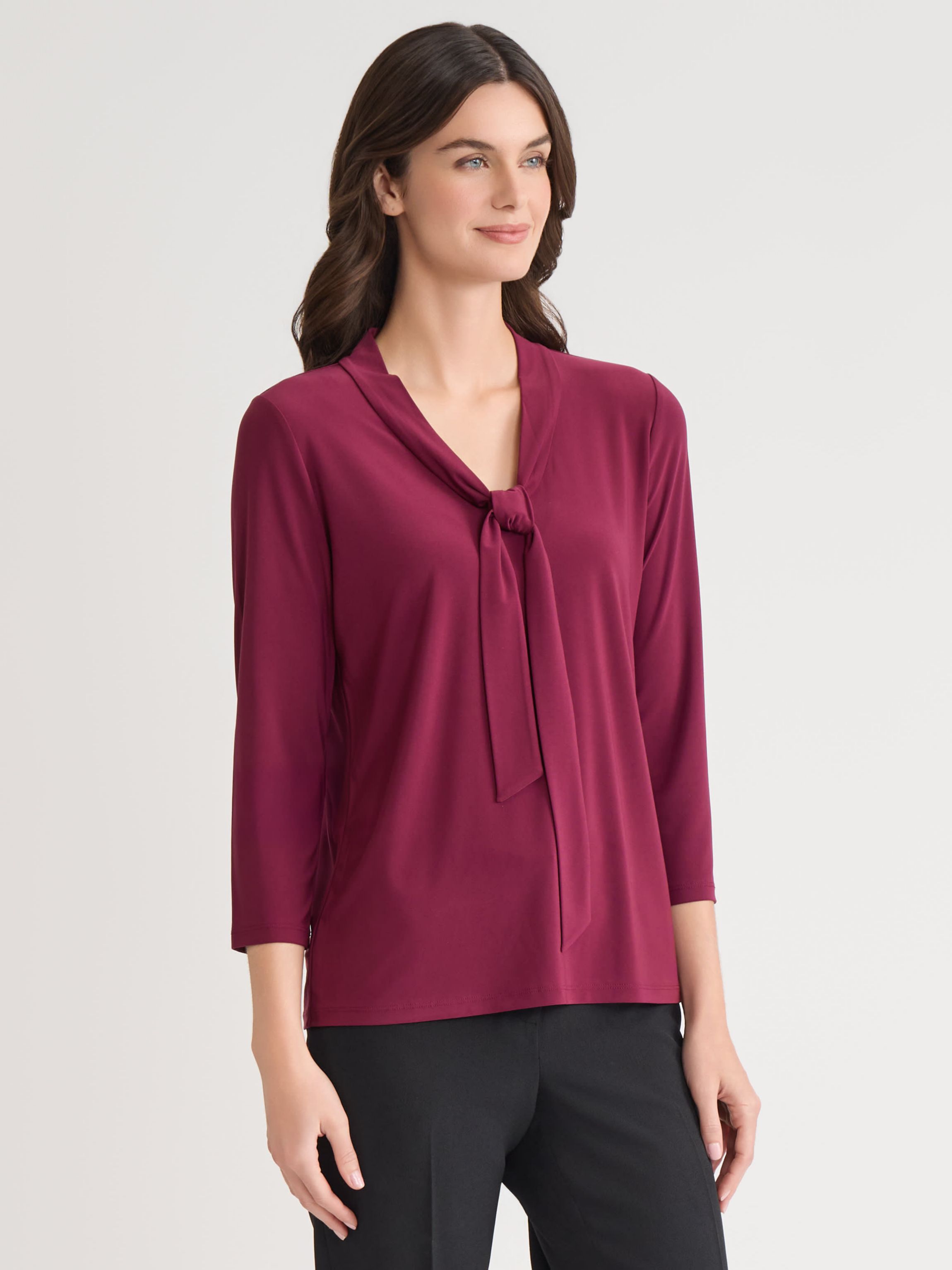 Petite Three Quarter Sleeve Tie Neck Knit Top
