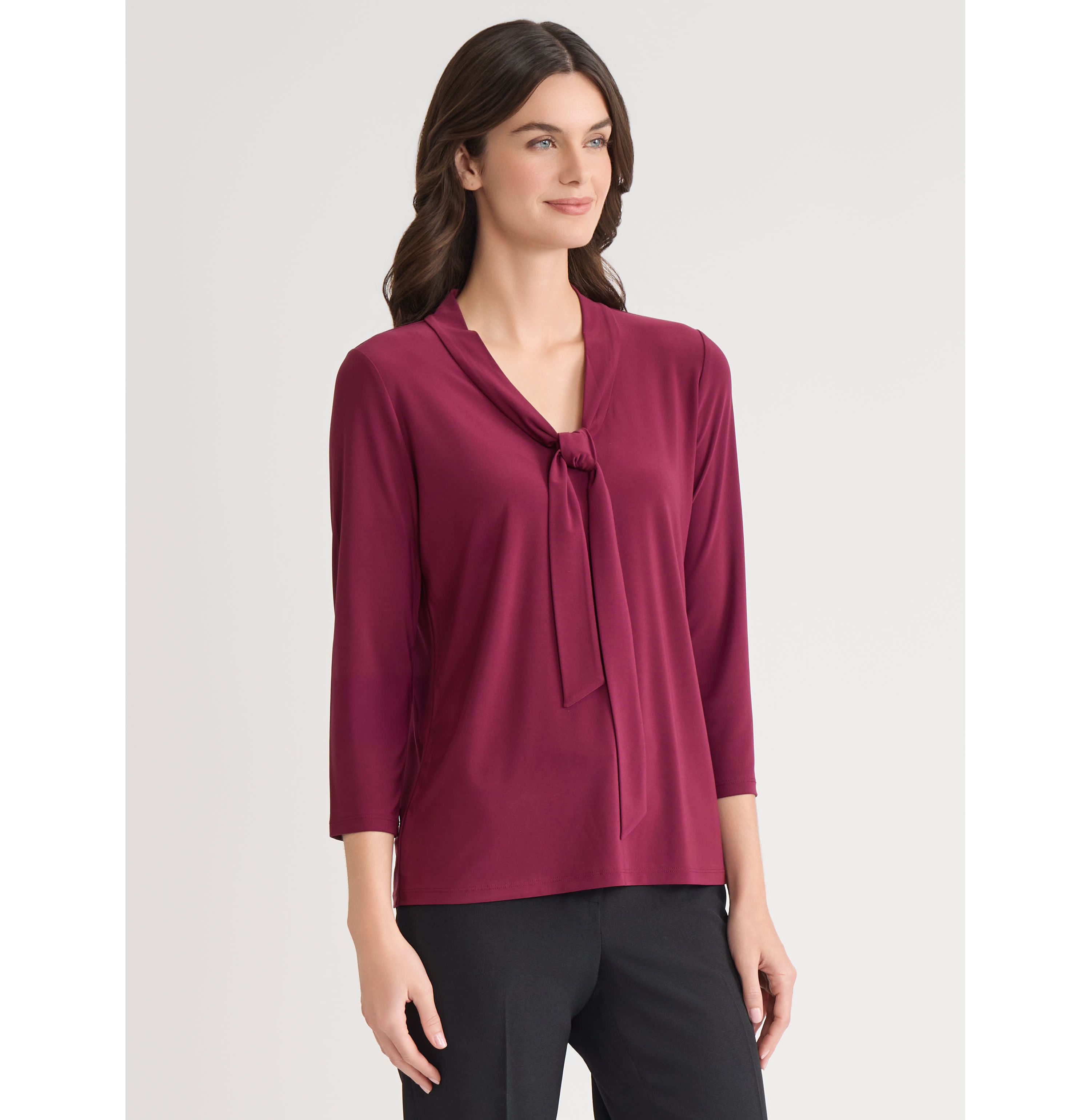 Petite Three Quarter Sleeve Tie Neck Knit Top