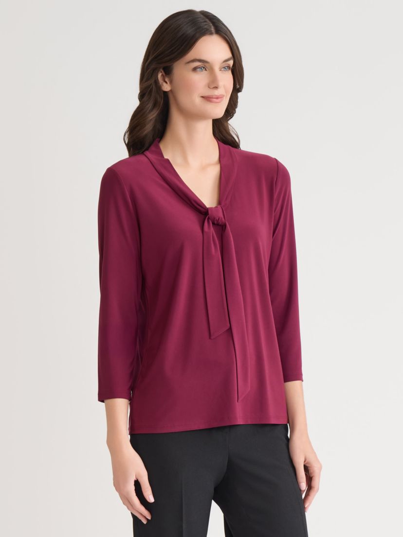 Petite Three Quarter Sleeve Tie Neck Knit Top
