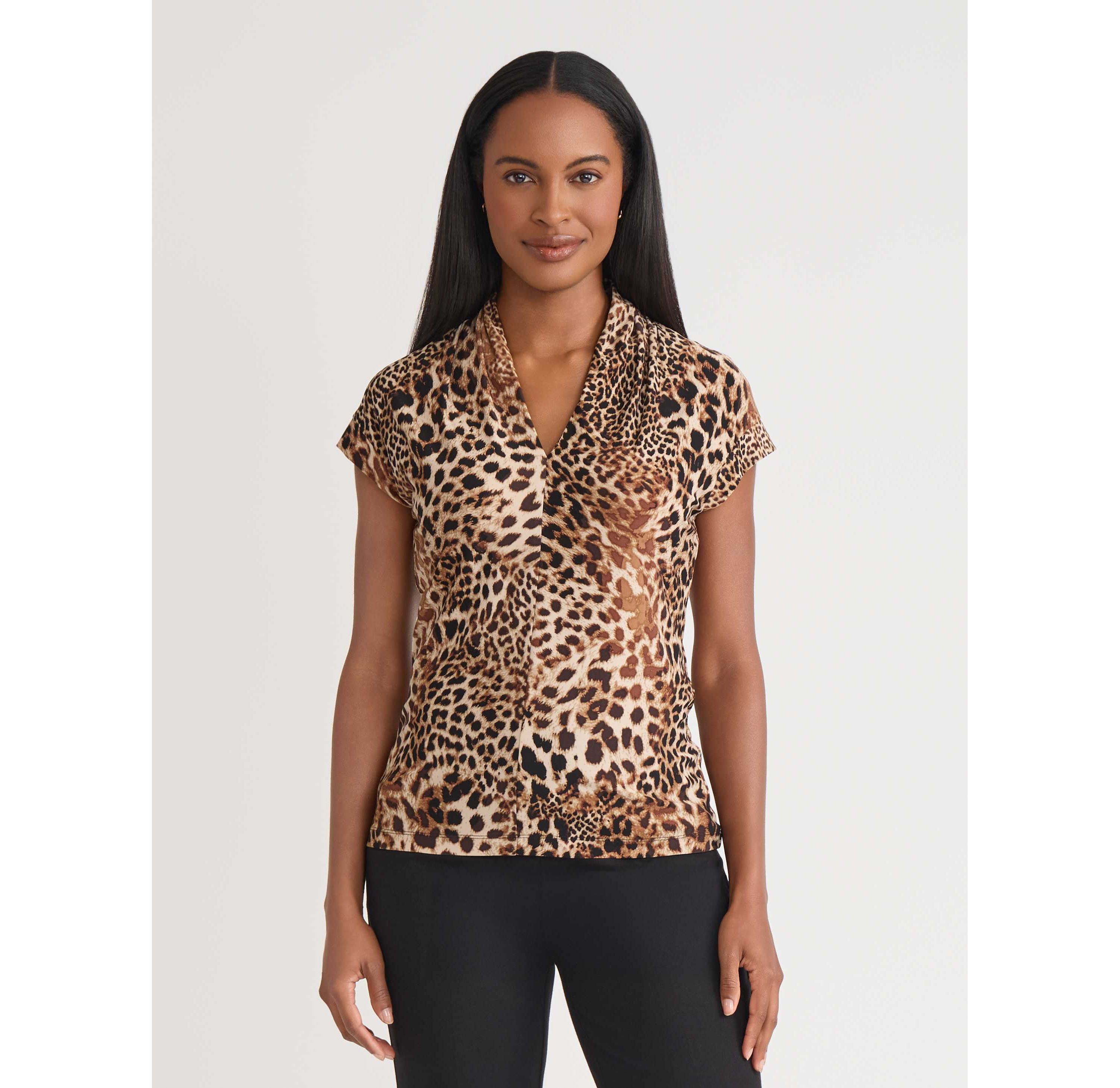 Womens Animal Print Funnel Neck Knit Top