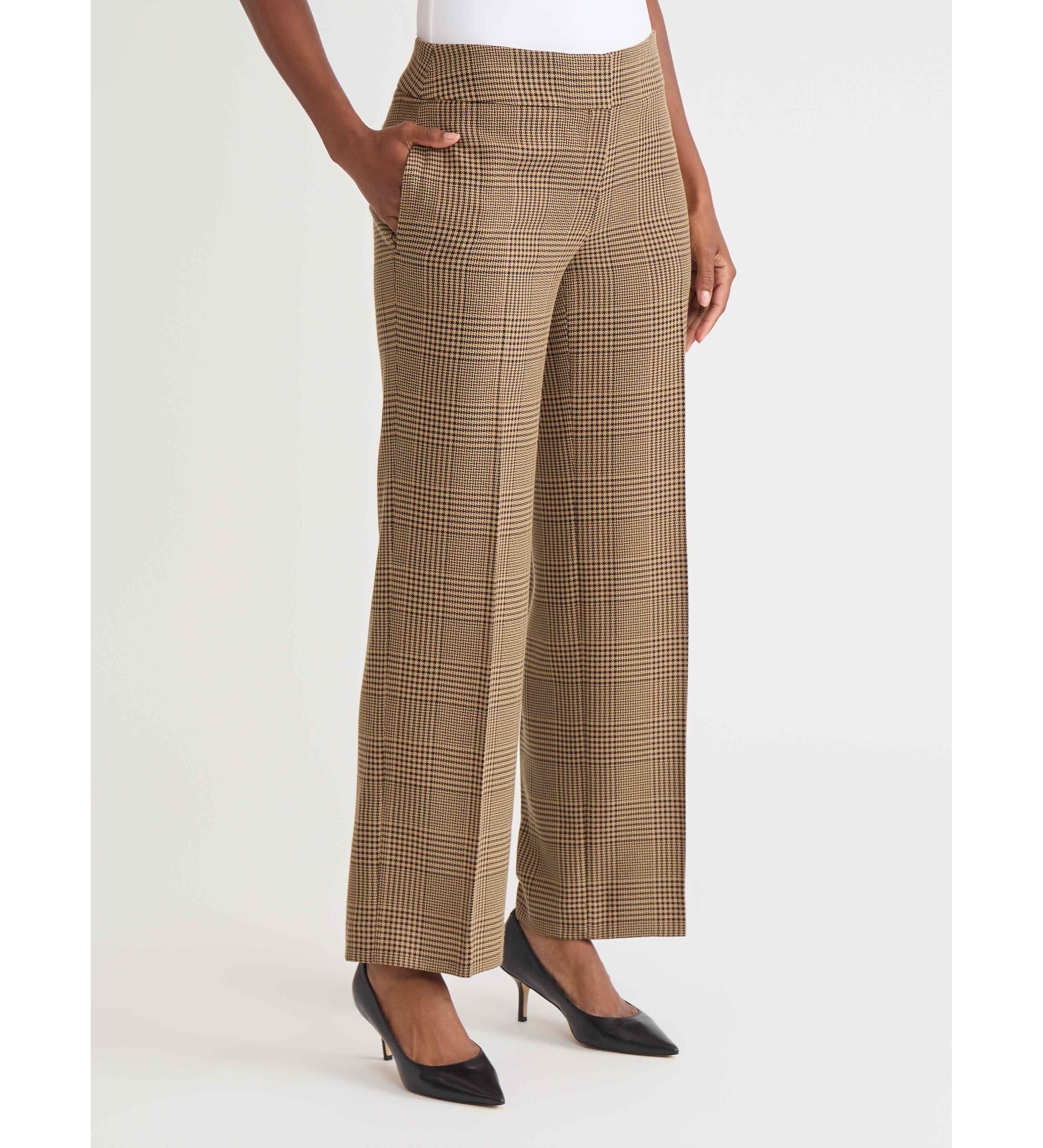 Petite Plaid Fly Front Wide Leg Pant