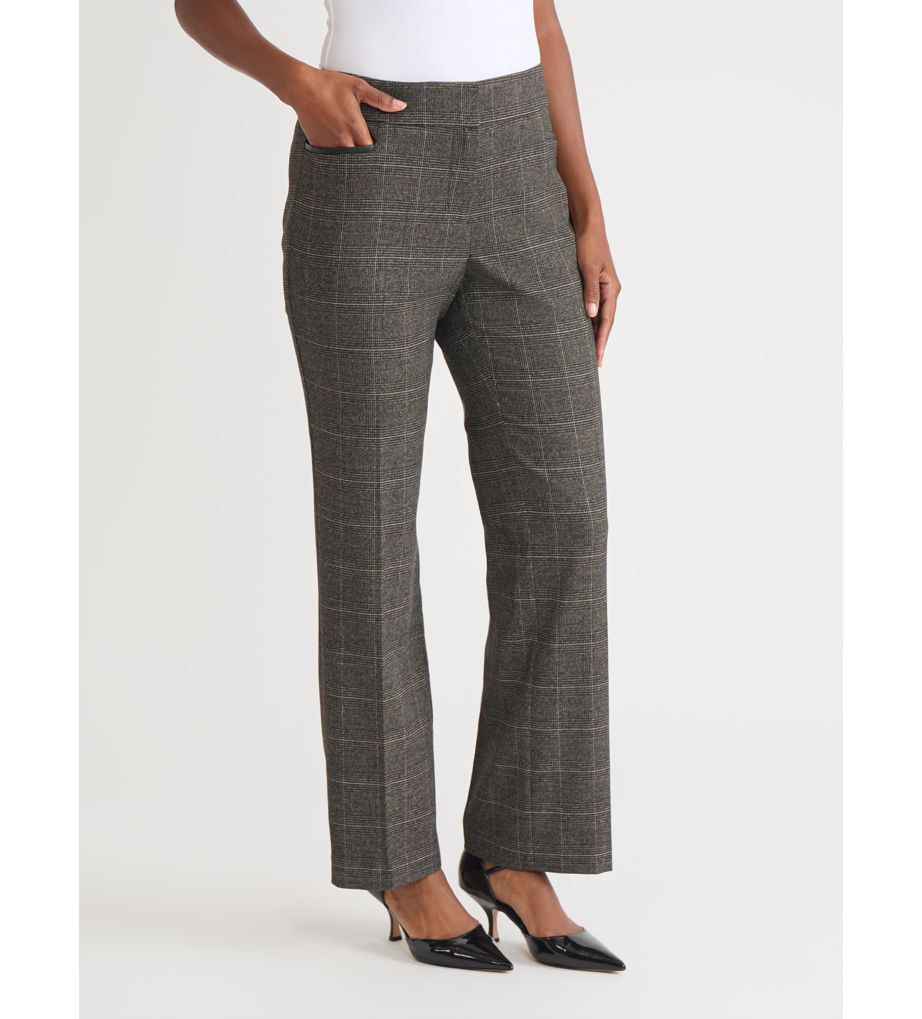 Womens Plaid L-Pocket Pant with Leather Trim