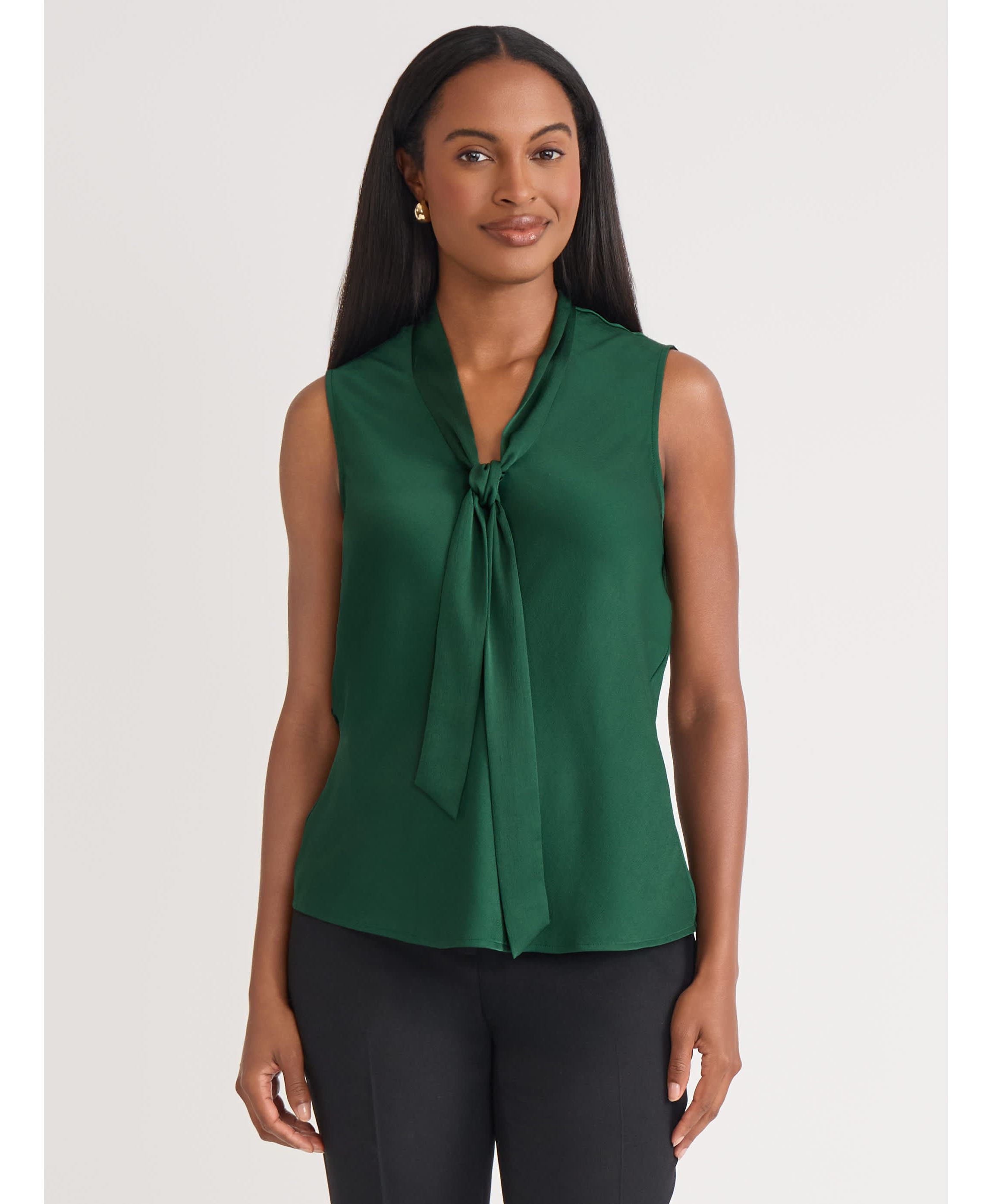 Petite Satin Sleeveless Tie Front Blouse