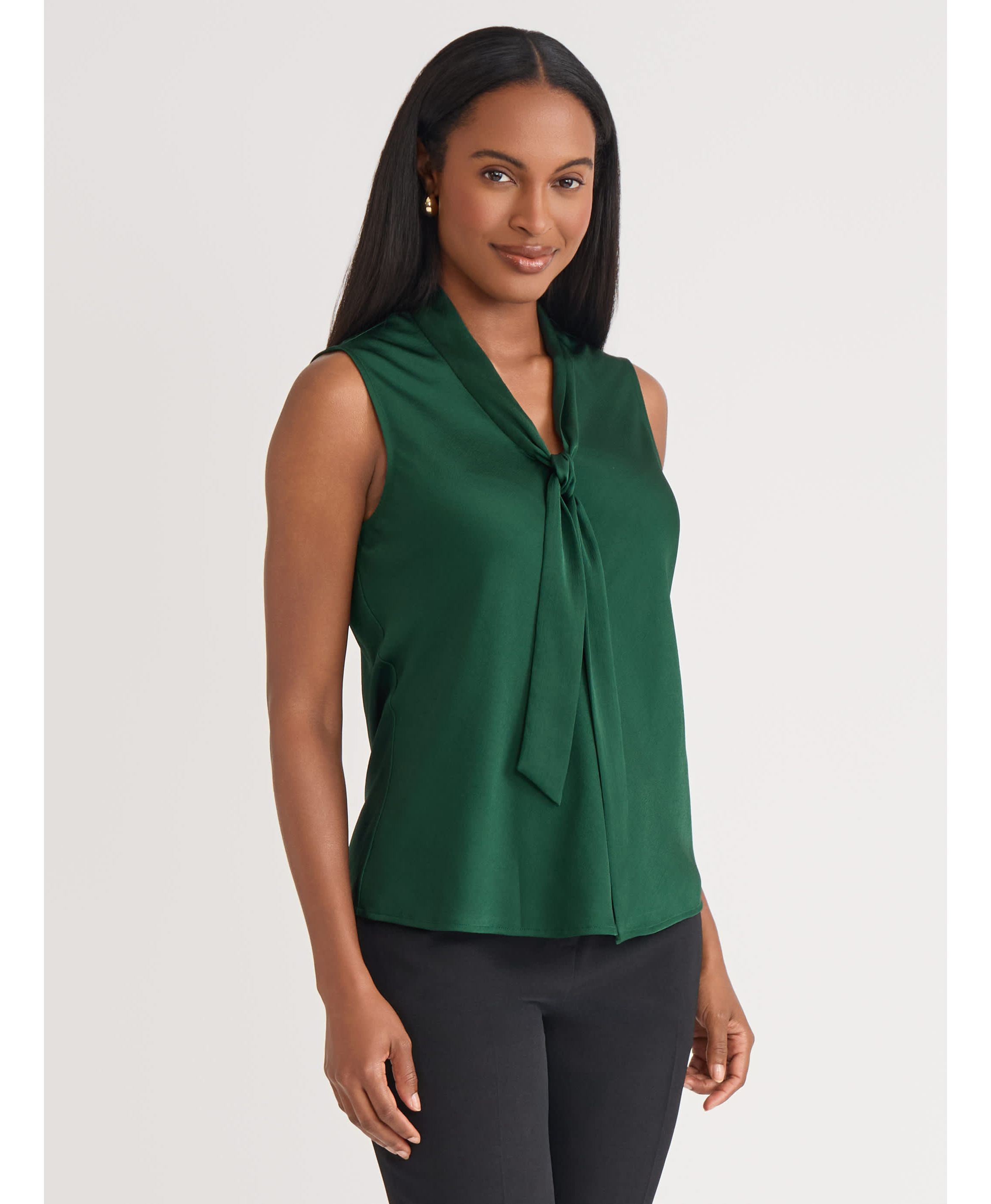 Petite Satin Sleeveless Tie Front Blouse