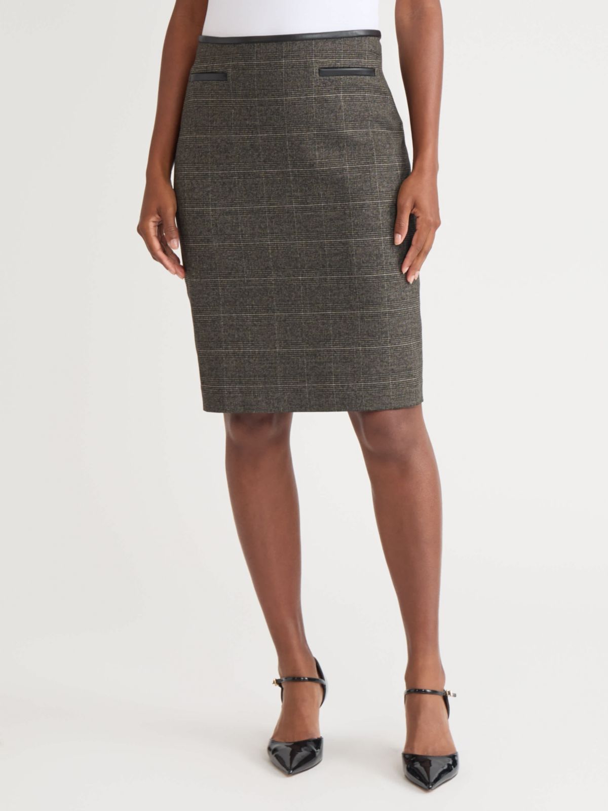 Womens Plaid Slim Skirt with Leather Trim