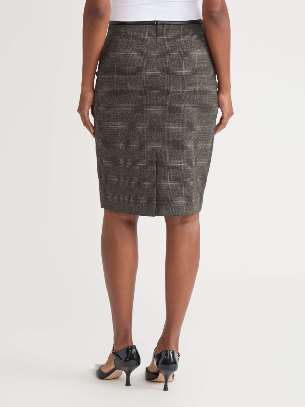 Womens Plaid Slim Skirt with Leather Trim