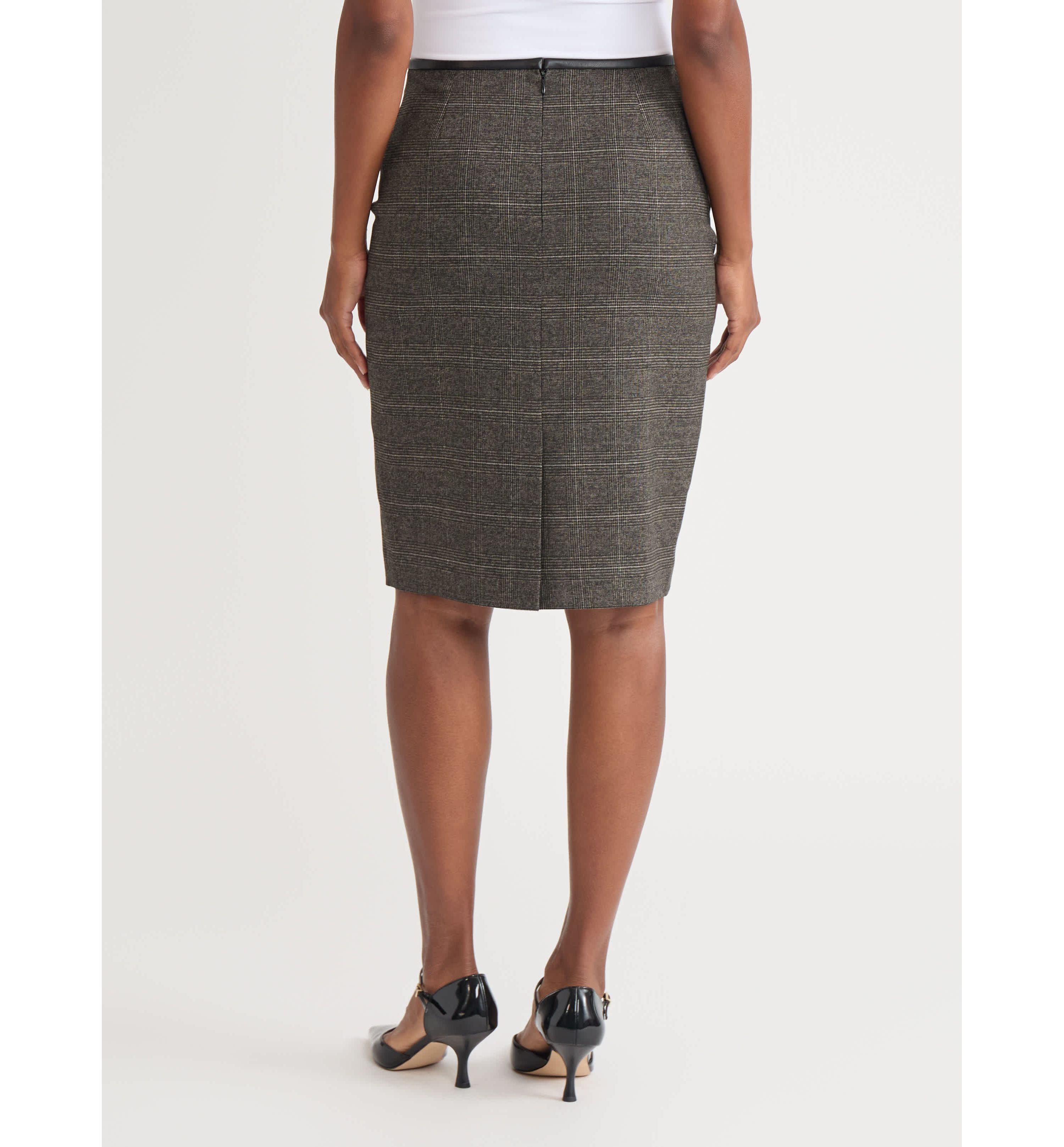 Womens Plaid Slim Skirt with Leather Trim