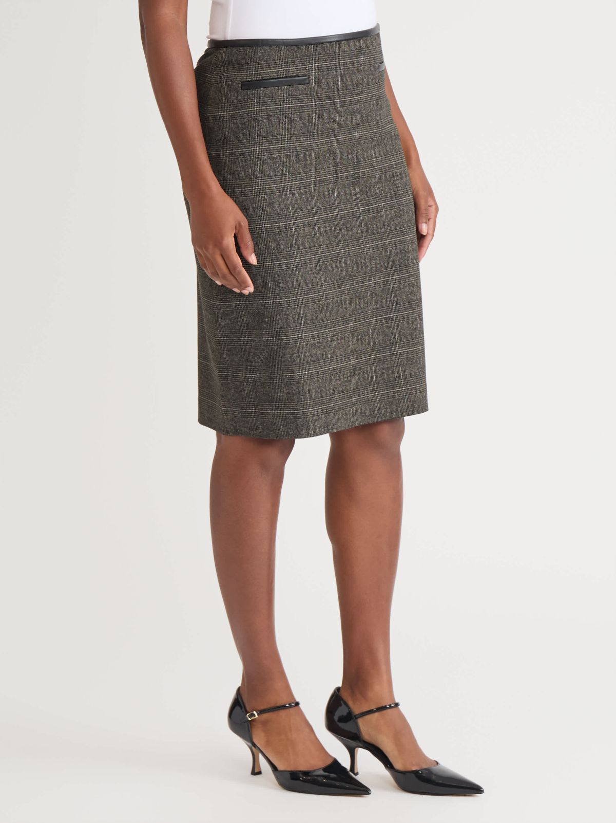 Womens Plaid Slim Skirt with Leather Trim